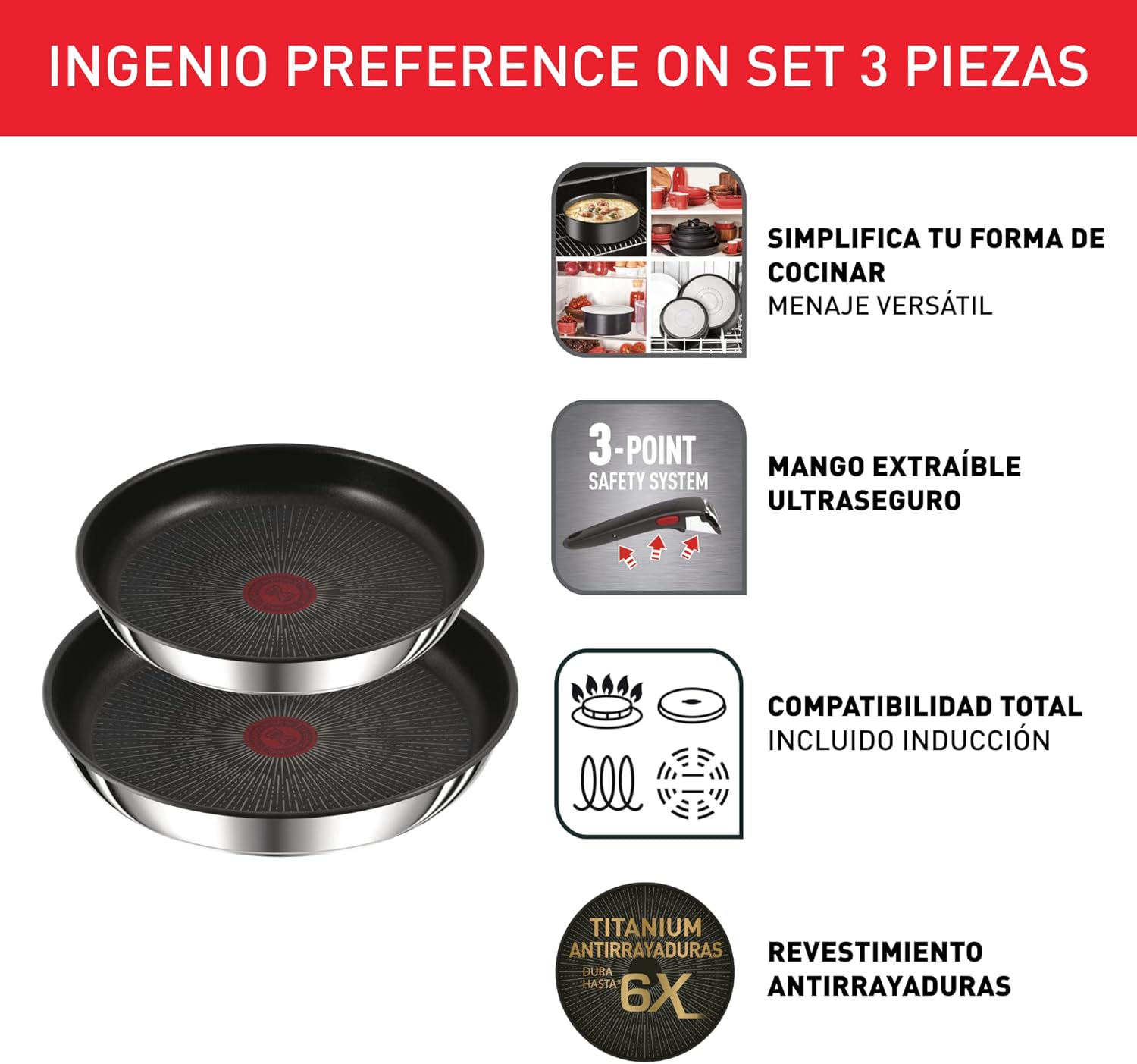 Tefal Ingenio Preference On Set: 2 Bratpfannen (24/28 cm) + 2 Stielkasserollen (16/20 cm) + 24 cm Topf + 26 cm Wok + 2 abnehmbare Griffe + 5 Zubehörteile | Induktionsgeeignet, antihaftbeschichtet, PFOA-frei