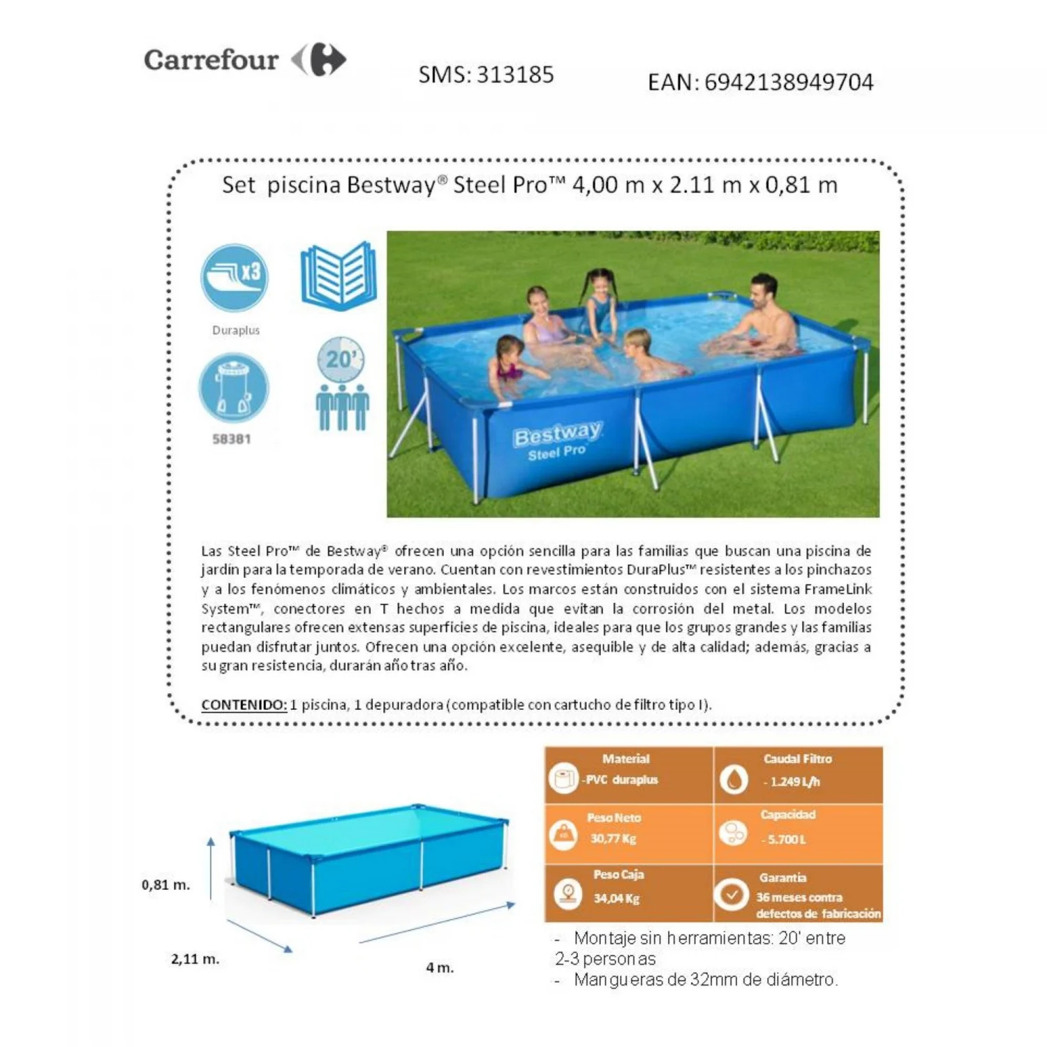 Röhrenpool 400x211x81 cm Bestway