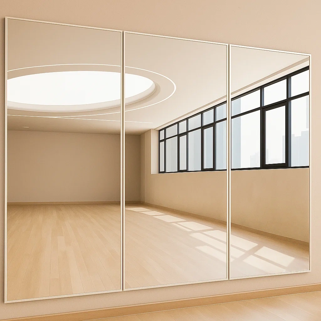 Miroir mural argenté en verre et métal, pour usage intérieur, 240 x 2 x 180 cm