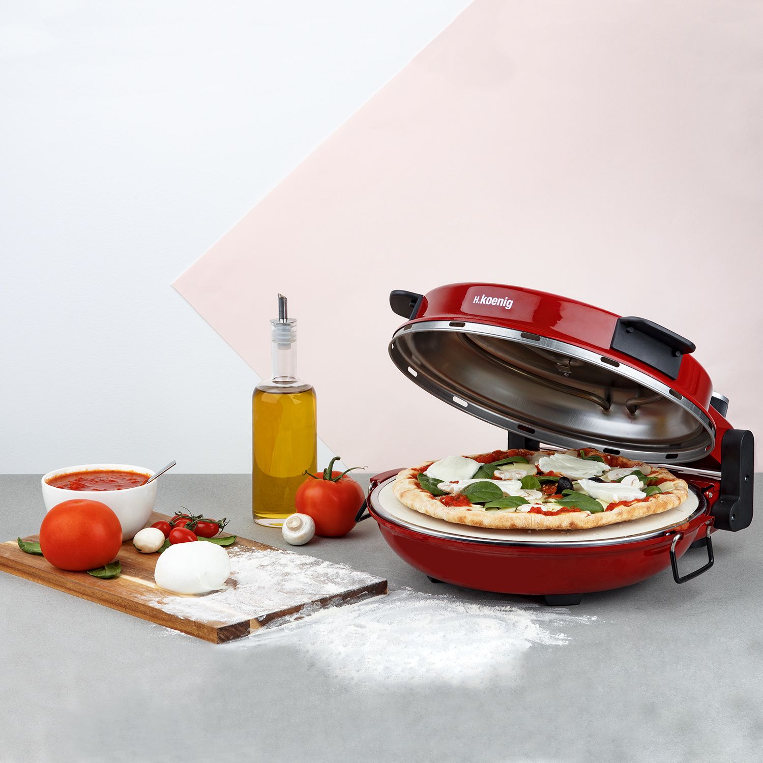 H.koenig Napl350 Pizzaofen, 1200 W, 32 cm Durchmesser, bis 350 °C, Keramikstein, Rot