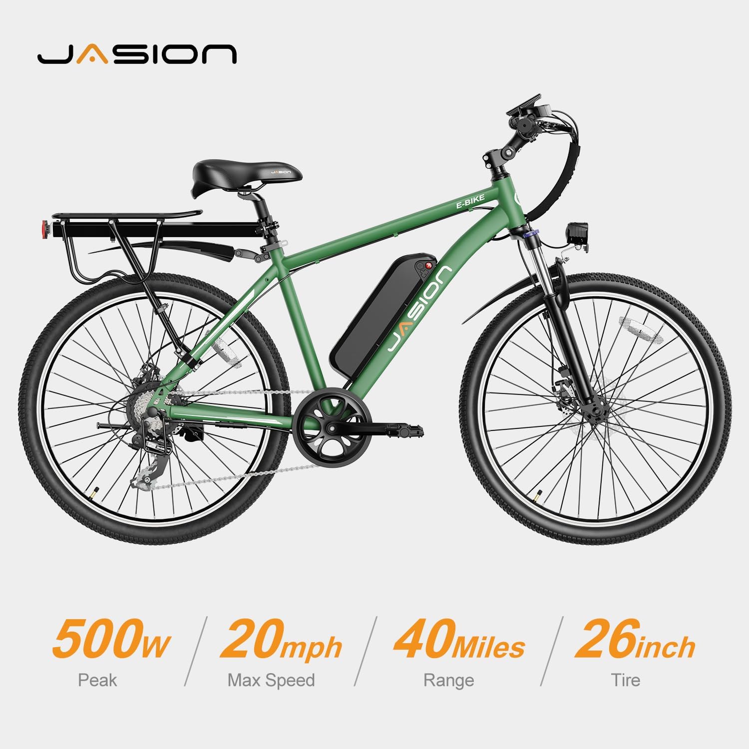 Vélo électrique Jasion EB5 pour adultes avec batterie amovible de 360 ​​Wh, 64 km, 32 km/h, VTT électrique de ville avec moteur de 350 W, 7 vitesses, pneus de 26 pouces et suspension avant.