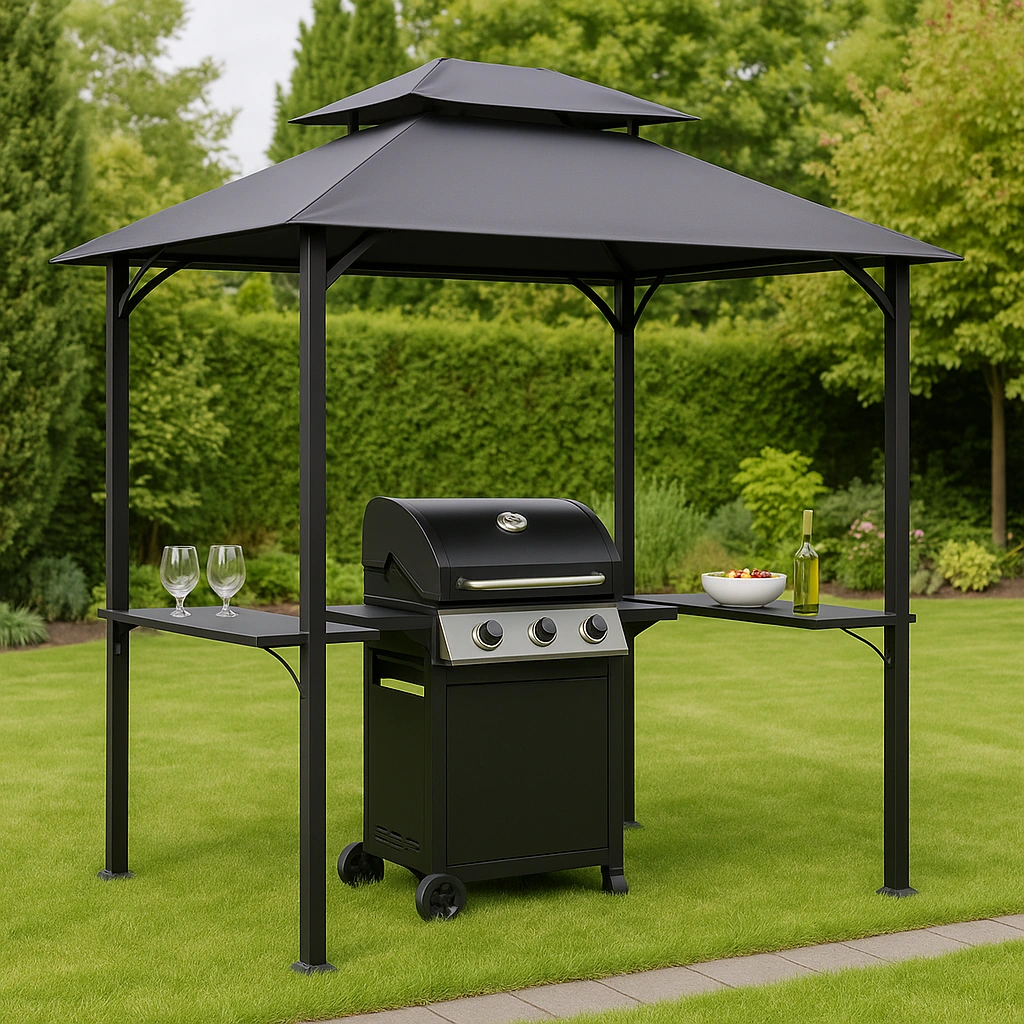 Abri barbecue avec toit et structure métallique noire 200x100x250 cm