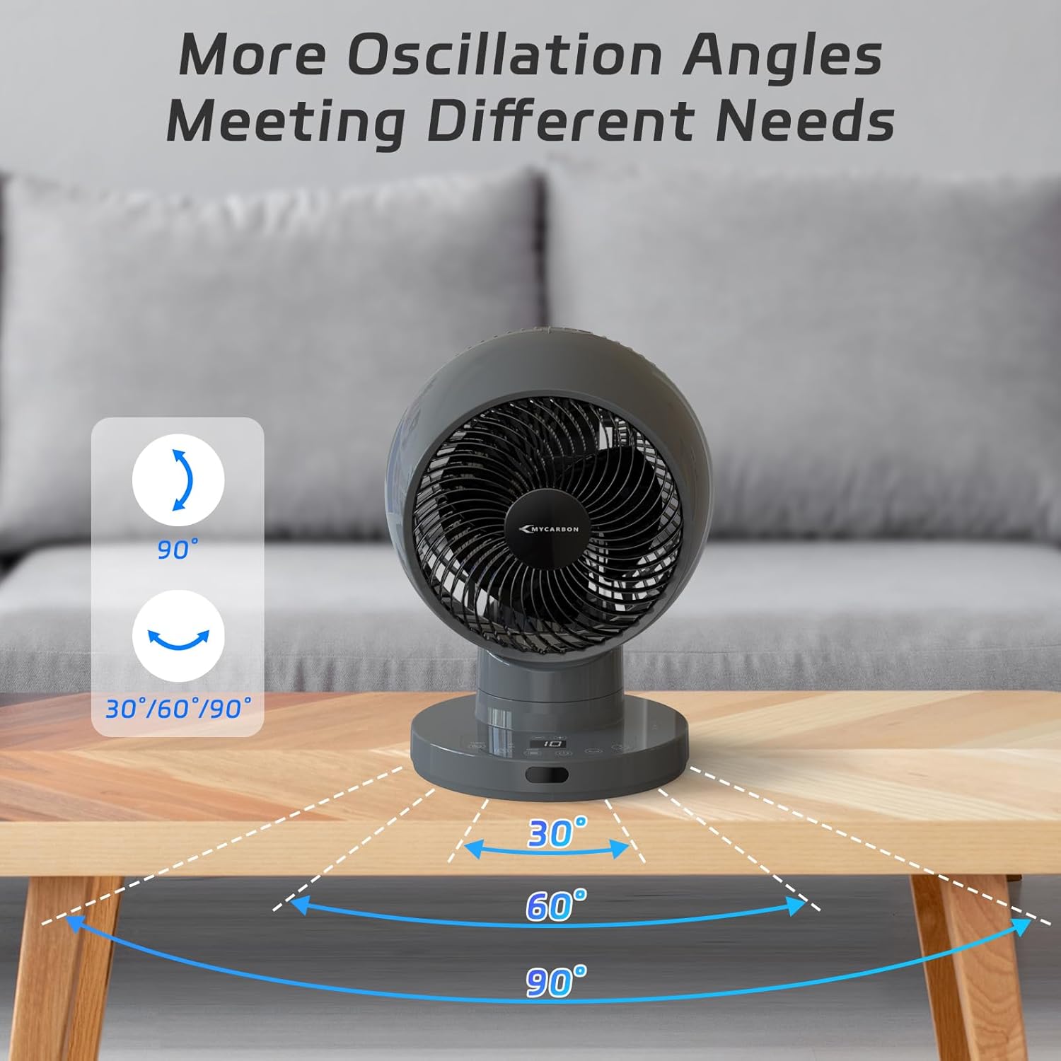 Ventilateur de table silencieux MYCARBON Turbo 20 dB, moteur CC puissant, oscillation 30°-60°-90°, 11 vitesses, minuterie 12 h et démarrage programmé, avec télécommande