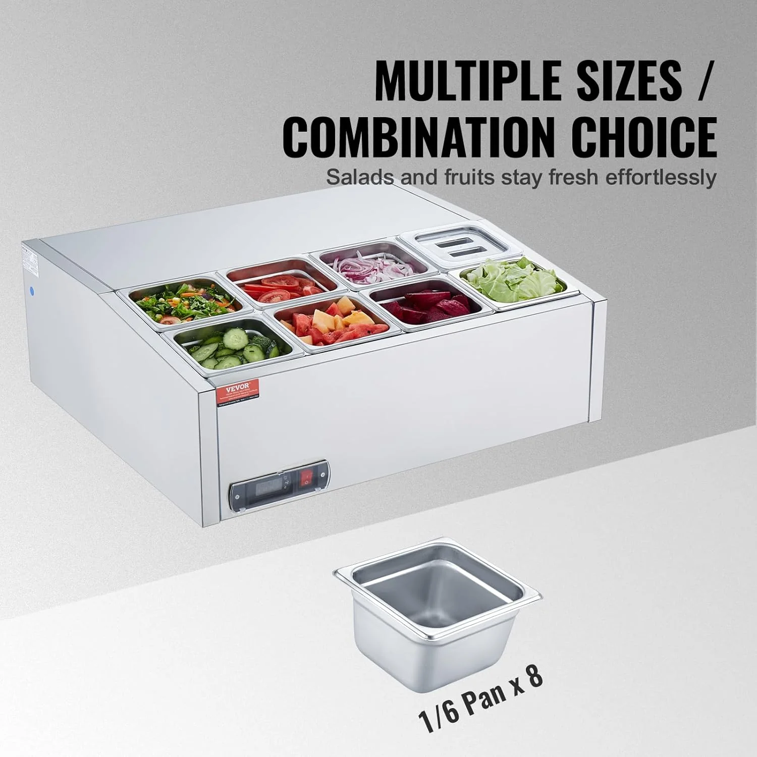 Refrigerated Condiment Prep Station, 135 W Countertop Refrigerated Condiment Station, with 2 1/3 Pans & 4 1/6 Pans, 304 Stainless Body and PC Lid, Sandwich Prep Table with Stainless Guard, ETL