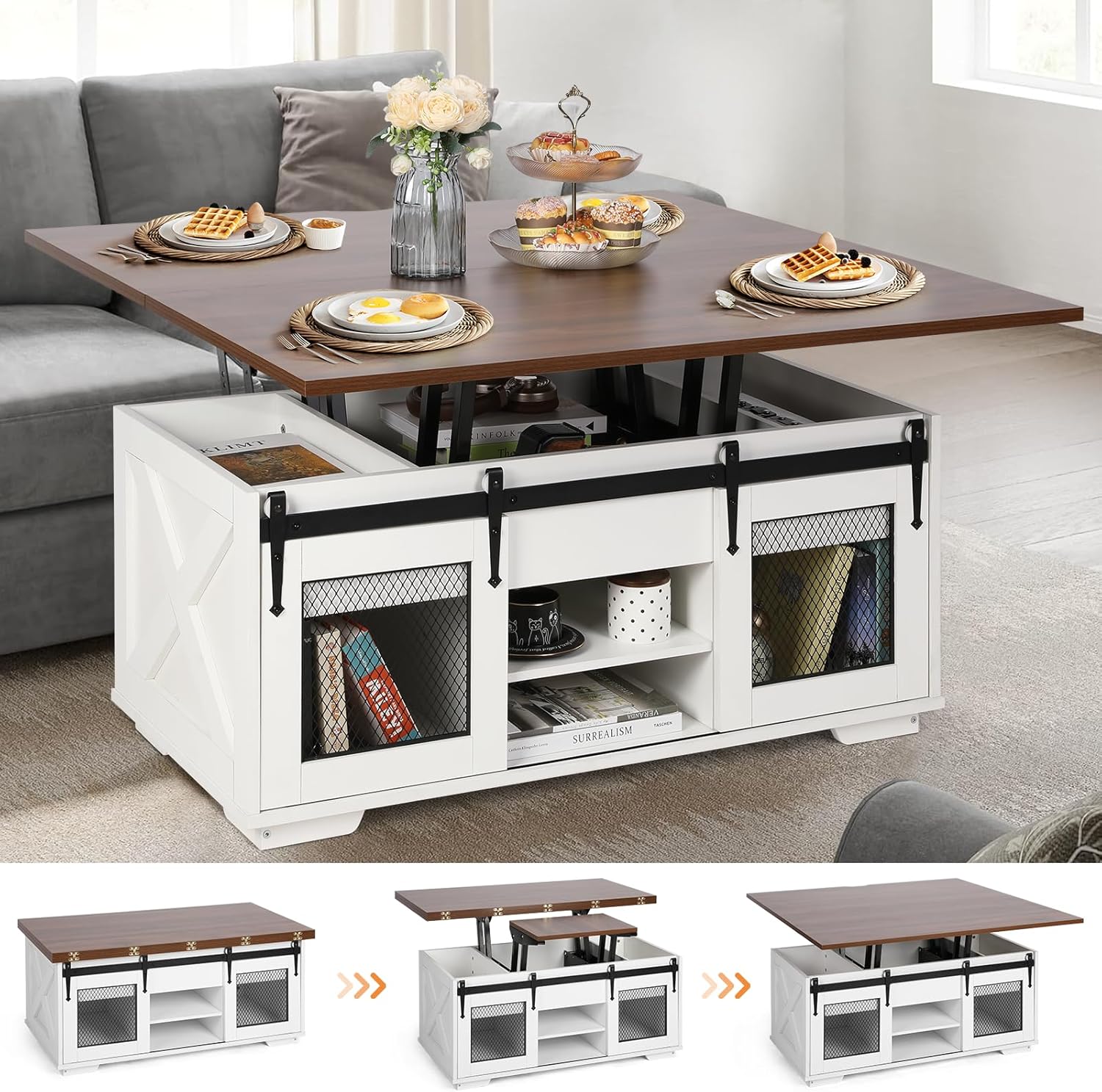 Table basse extensible VOWNER, plateau relevable, multifonctionnelle 3 en 1 avec rangement dissimulé - Salle à manger, convertible, style ferme, noyer