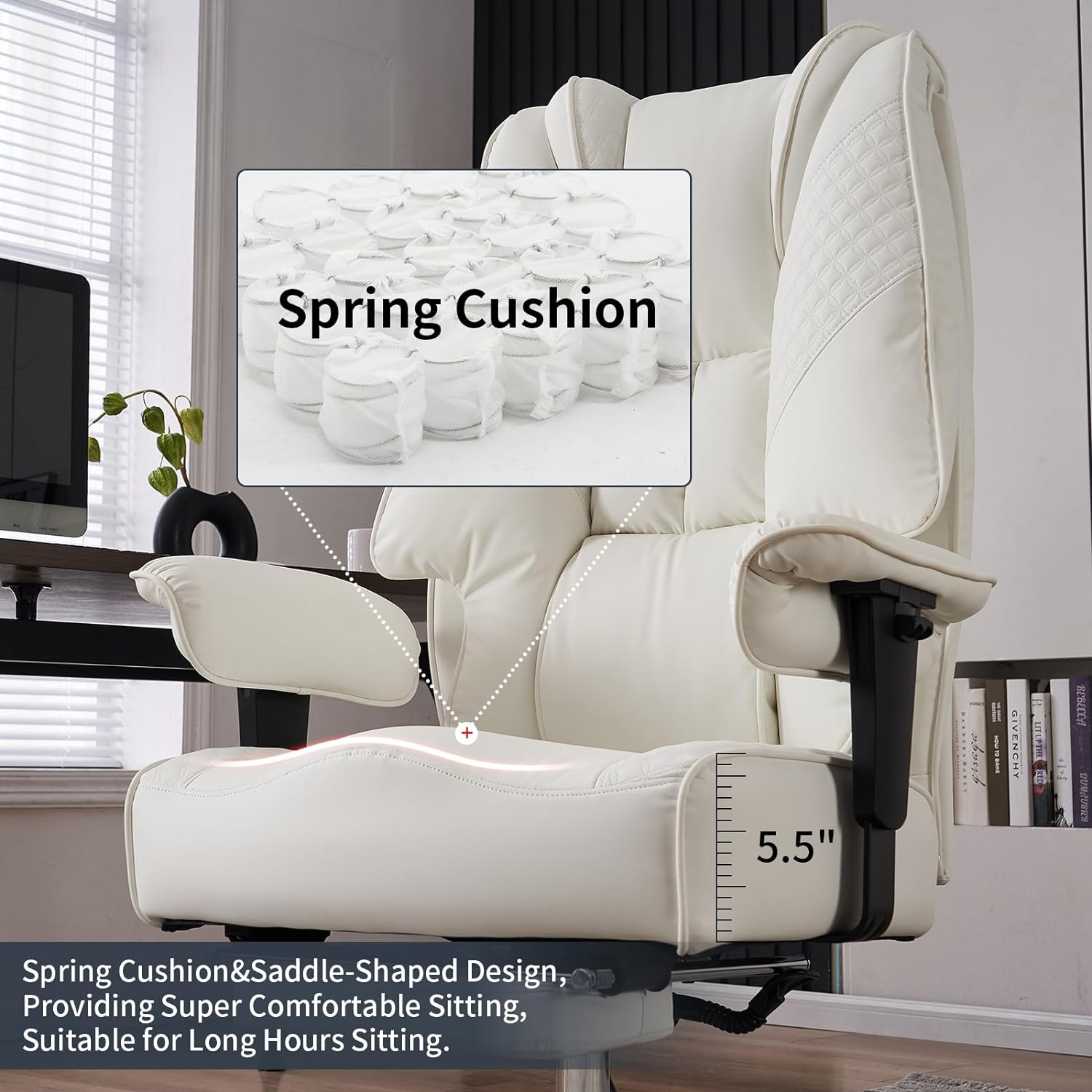 Hoher und breiter Bürostuhl für 181 kg, Chefsessel aus Leder mit hoher Rückenlehne und Fußstütze, ergonomischer Stuhl mit Lendenwirbelstütze zur Linderung von Rückenschmerzen (Beige)