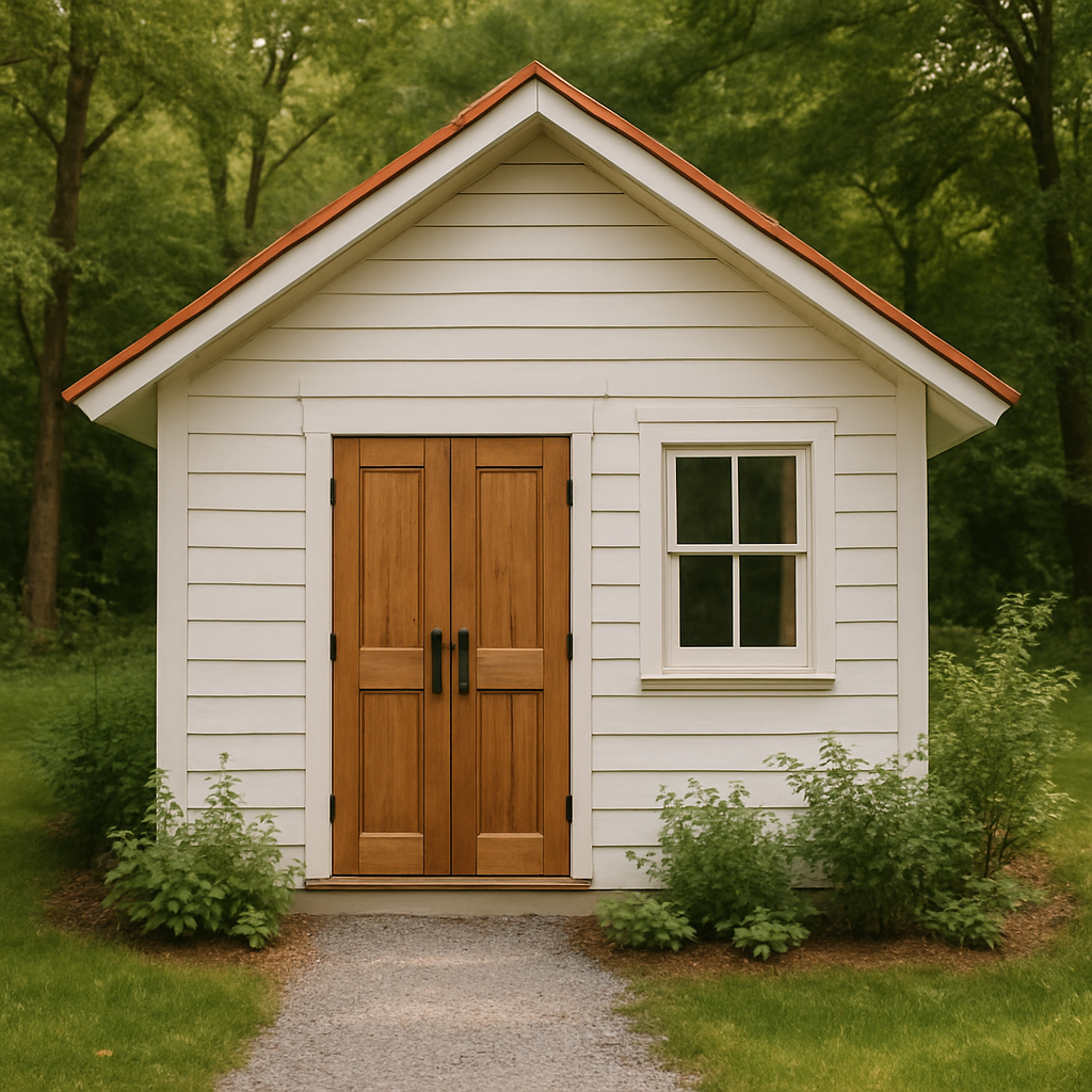 Abri de jardin en résine blanche, bois, extérieur forêt, 250×210×280 cm