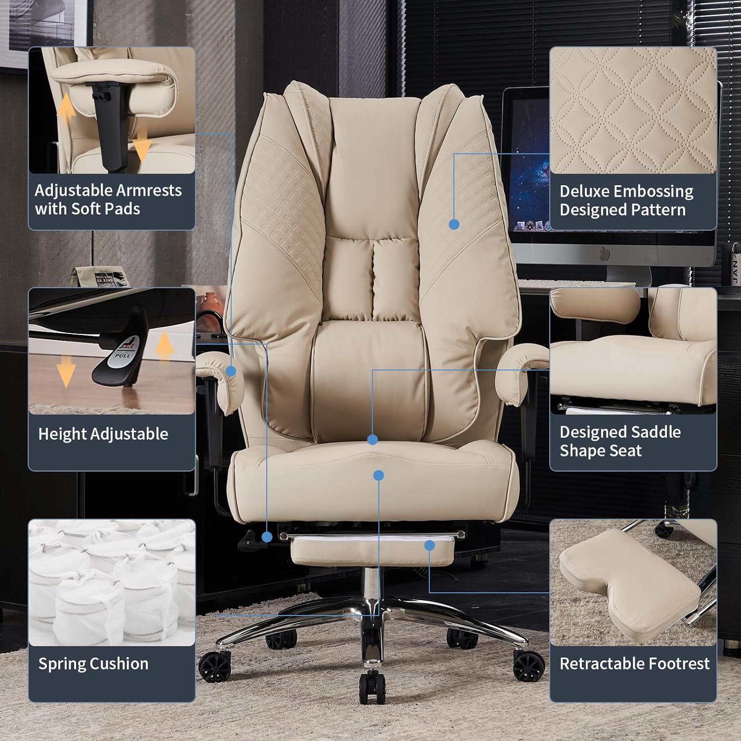 Hoher und breiter Bürostuhl für 181 kg, Chefsessel aus Leder mit hoher Rückenlehne und Fußstütze, ergonomischer Stuhl mit Lendenwirbelstütze zur Linderung von Rückenschmerzen (Beige)