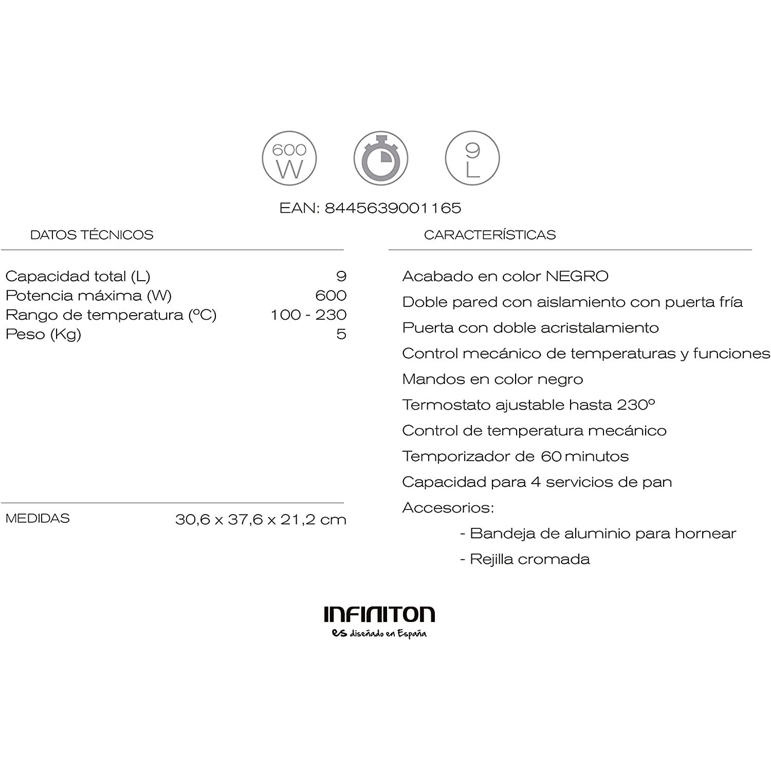 Infiniton HSM-71N91 – Tragbarer Tischbackofen, Schwarz, 9 Liter, Timer, Doppelverglasung, einstellbares Thermostat bis 230 °C