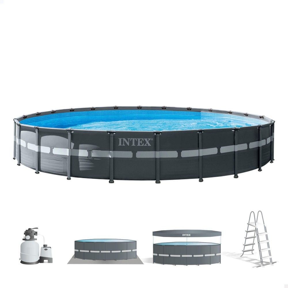 Intex 732x132cm Runder, röhrenförmiger PVC-Aufstellpool, dunkelgrau, mit Filterpumpe
