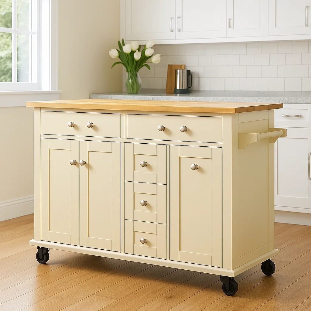 Îlot de cuisine, desserte de cuisine, 3 portes, 5 tiroirs et étagère, bois naturel et beige, sur roulettes, 100 x 50 x 85 cm - cE9Flal36nKM