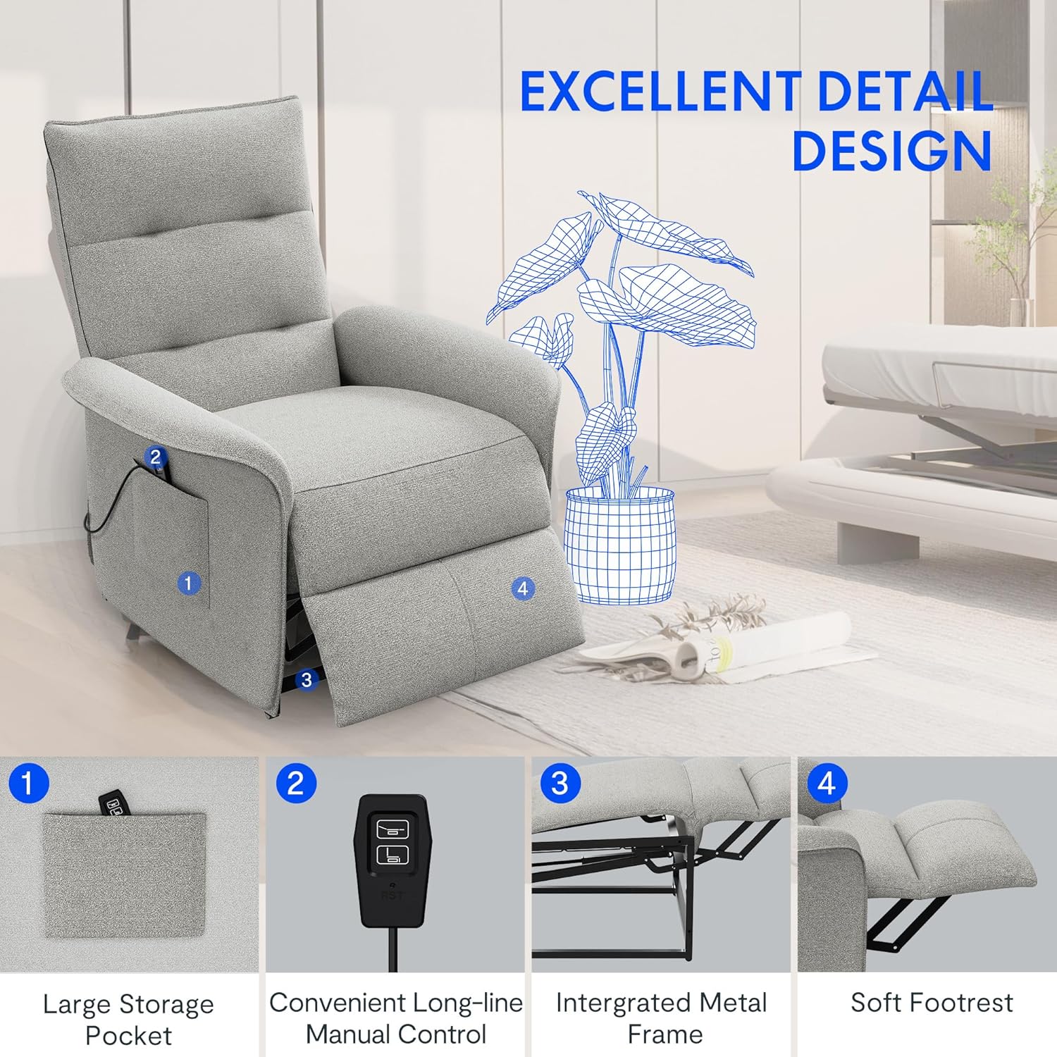 FLEXISPOT Elektrischer Relaxsessel mit verstellbarer Rückenlehne, Neigungswinkel 105° bis 155°, ergonomischer Relaxsessel für Schlafzimmer, Wohnzimmer und Heimkino (Dunkelgrau)