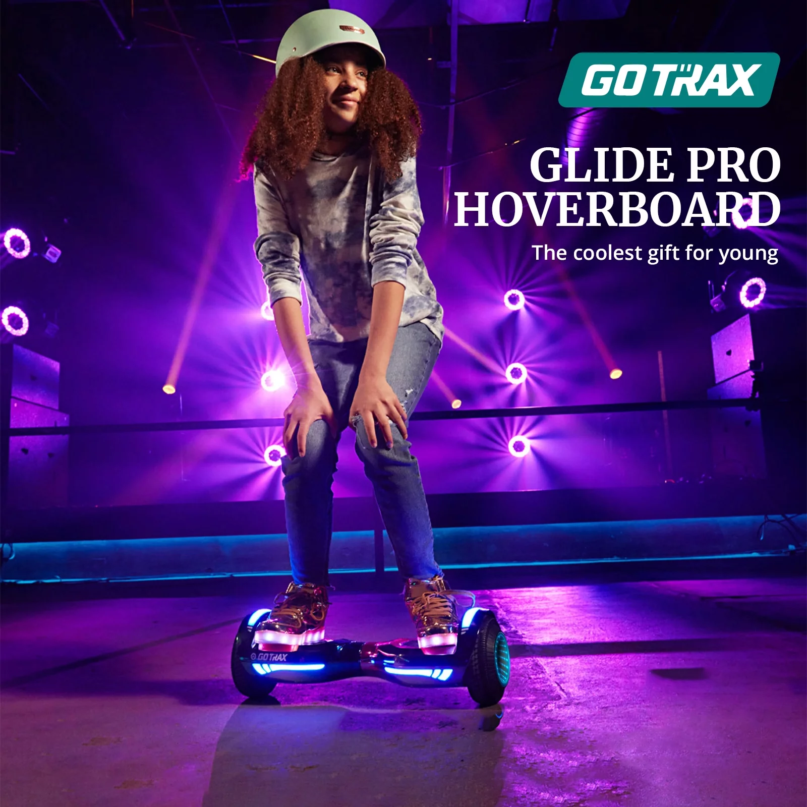 2025 GOTRAX GLIDE PRO Hoverboard med Bluetooth. 6,5-tommer hjul og 7-farvede flerfarvede LED-lys. Selvbalancerende løbehjul til børn og voksne (20-80 kg). Sølvfarvet.