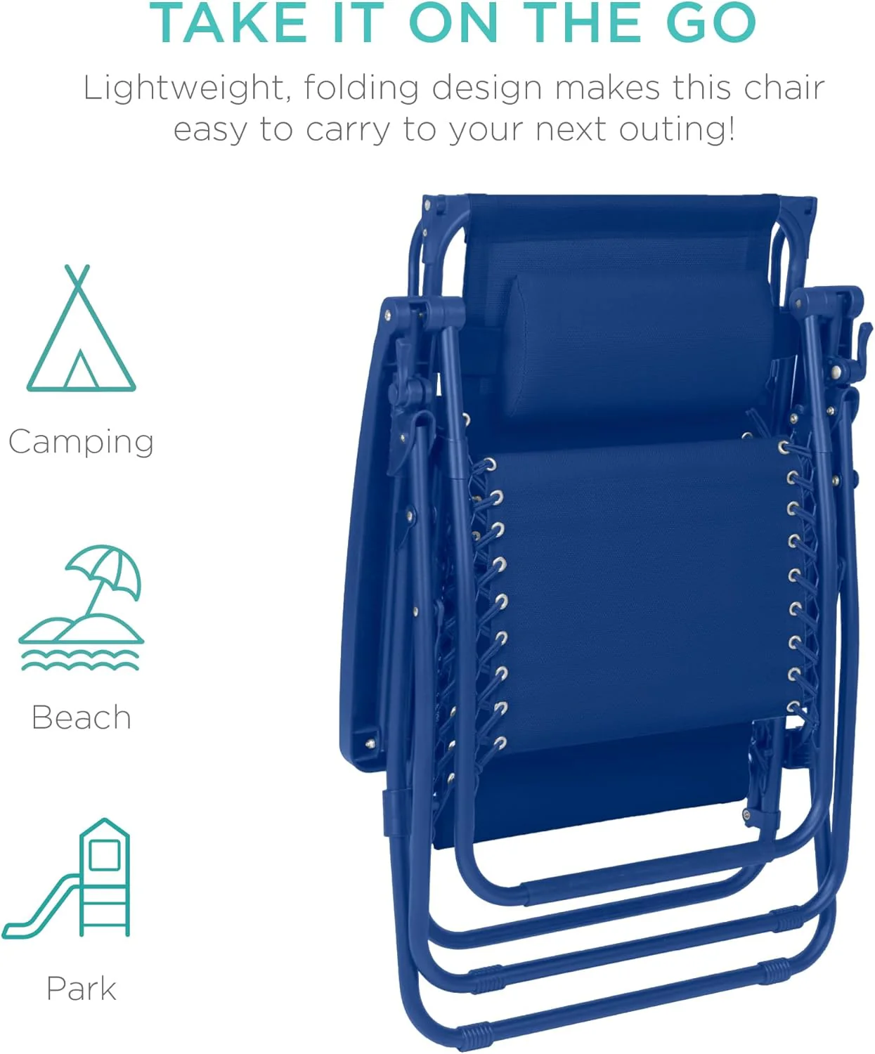 Bedste valg – Zero Gravity-lænestol til terrassen. Justerbar og foldbar udendørsstol med baldakin, nakkepude og sidebakke. Textilene – Påfugleblå