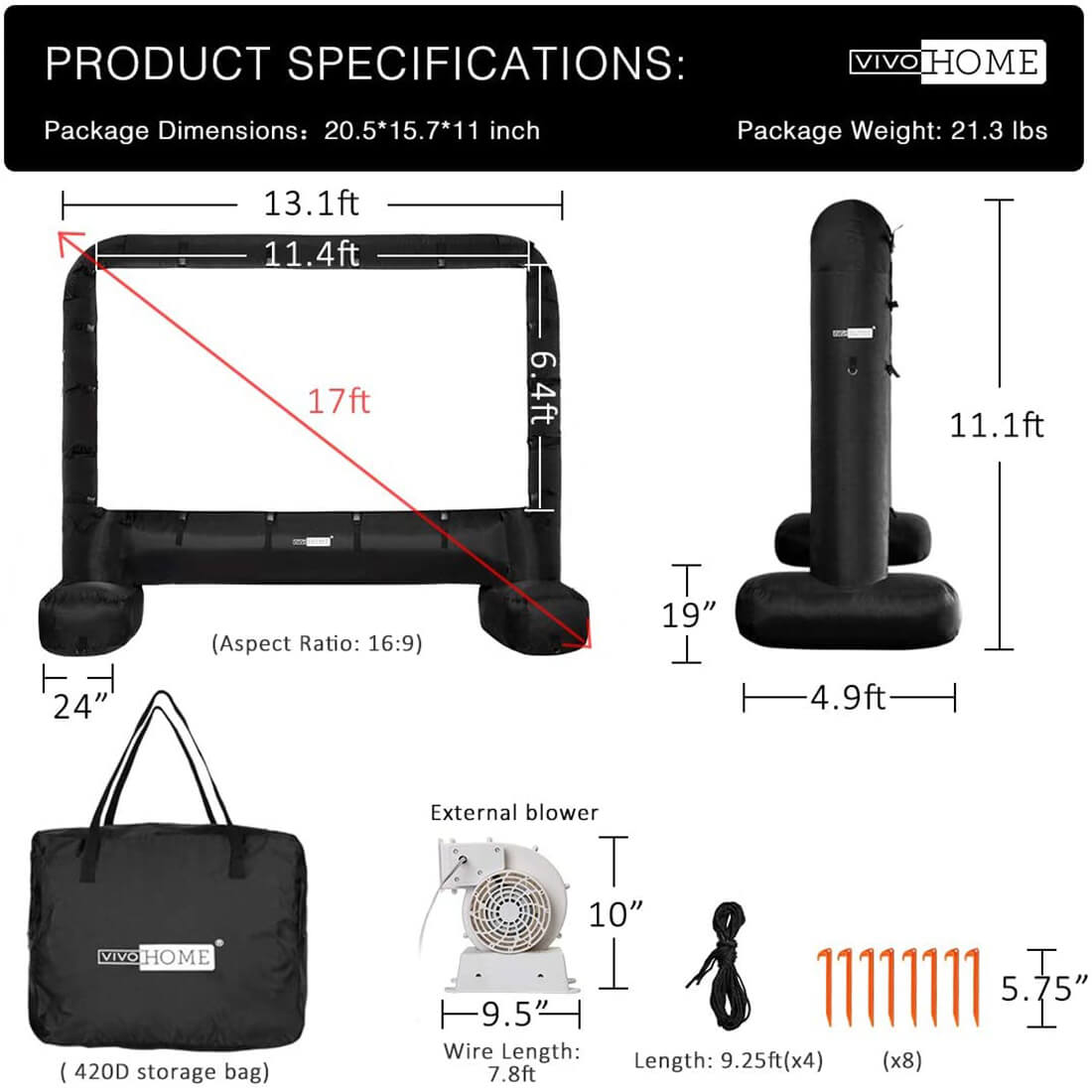 Écran de cinéma gonflable géant 2025 de 4,27 à 5,18 mètres pour projection avant et arrière – Idéal pour l'extérieur