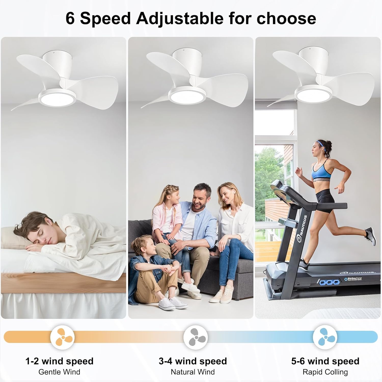 Ventilateur de plafond Ateroll avec lumière, Ø 61 cm, LED 3CCT à intensité variable (3 000 K-4 000 K-5 000 K), 1 500 lm, avec télécommande, 6 vitesses, minuterie, idéal pour salon et chambre.