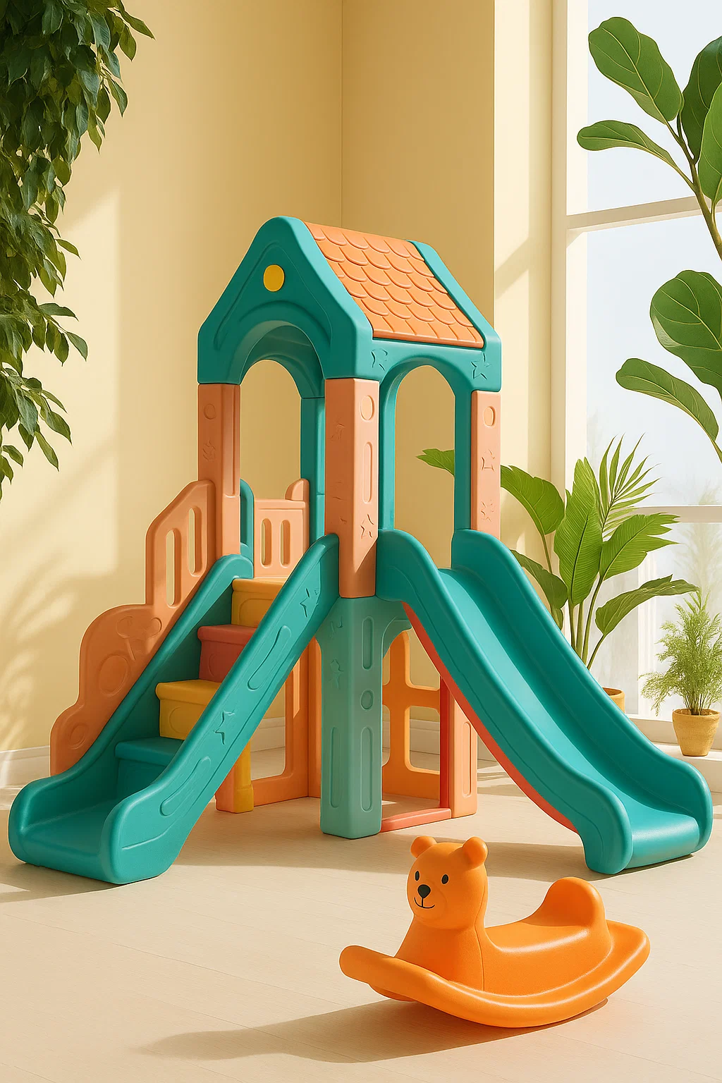 Toboggan 3 en 1 - avec double toboggan, échelle et maisonnette en forme de maison - plastique - turquoise et orange wKnxVcgz67WN