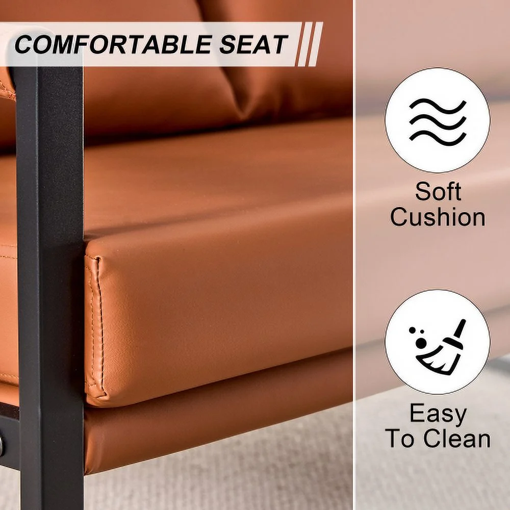 Modernes 2-Sitzer-Sofa mit 2 Kissen – PU-Leder, hochdichter Schaumstoff, schwarz lackiertes Metallgestell, braune Farbe