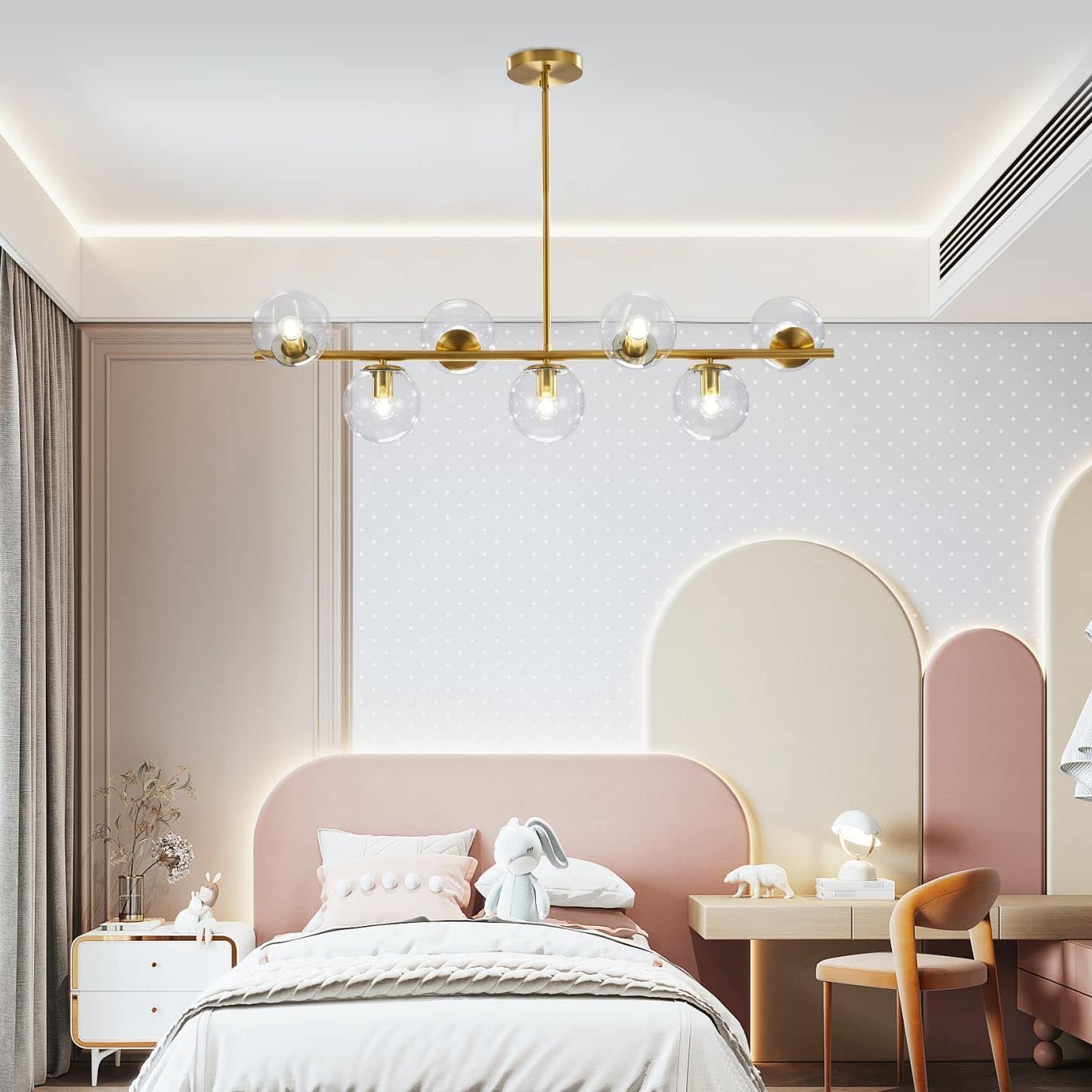 Moderne Esszimmerleuchte von KCO Lighting aus goldfarbenem Metall, Kücheninsel-Pendelleuchte aus weißem Glas, 7-flammig, E27, 80 cm höhenverstellbar