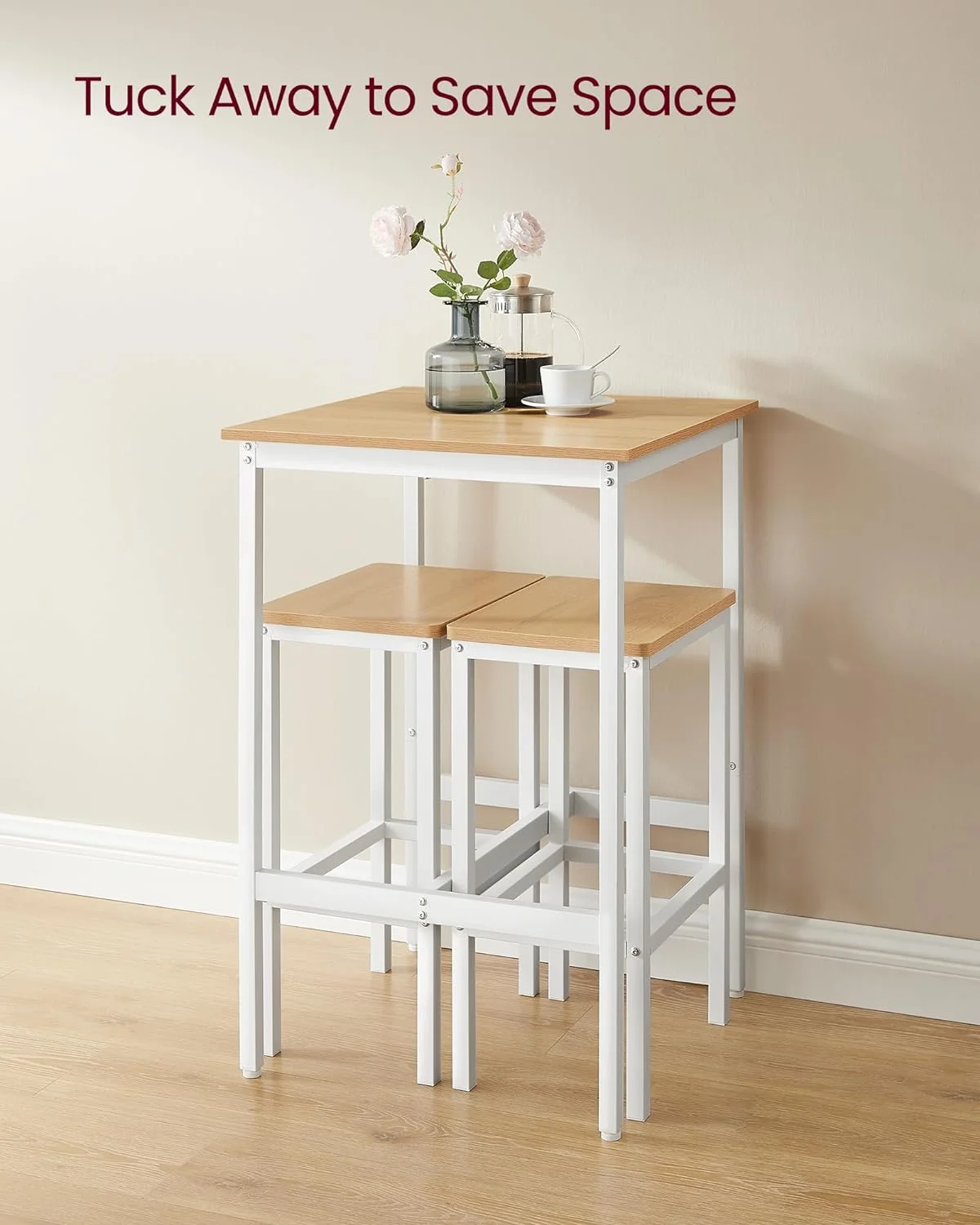 Barset mit quadratischem Tisch und 2 Hockern. Essgruppe für 2 Personen. Platzsparend für Küche, Frühstücksecke, Wohnzimmer oder Partyraum. In Gold-Eiche und Wolkenweiß.