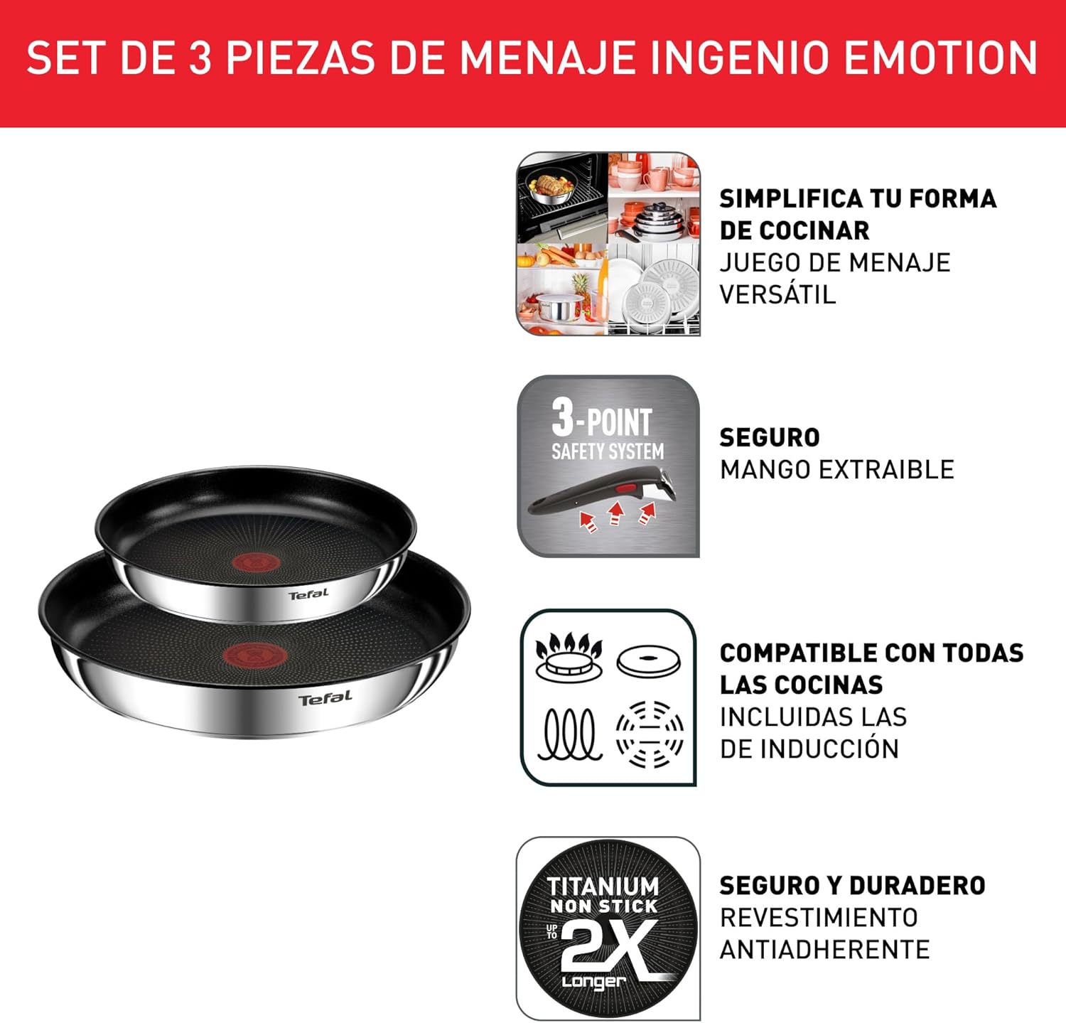 Tefal Ingenio Emotion Sæt med 3 stegepander 22/24/28 cm + 3 kasseroller 16/18/20 cm + gryderet 24 cm + wok 26 cm + 12 tilbehør | Induktionssikker, non-stick, tåler opvaskemaskine og ovn