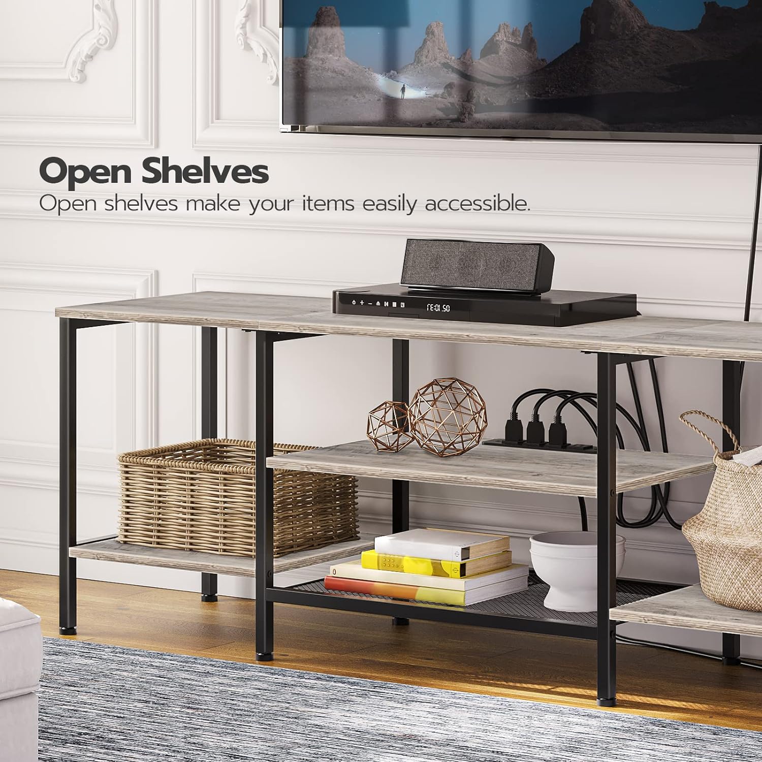 TV-Ständer mit integrierten Steckdosen für Fernseher bis zu 75 Zoll, Konsolentisch mit offenen Regalen, Entertainment-Center im Industrial-Stil für Wohn- oder Schlafzimmer, Rustikales Braun und Schwarz BF60DS01