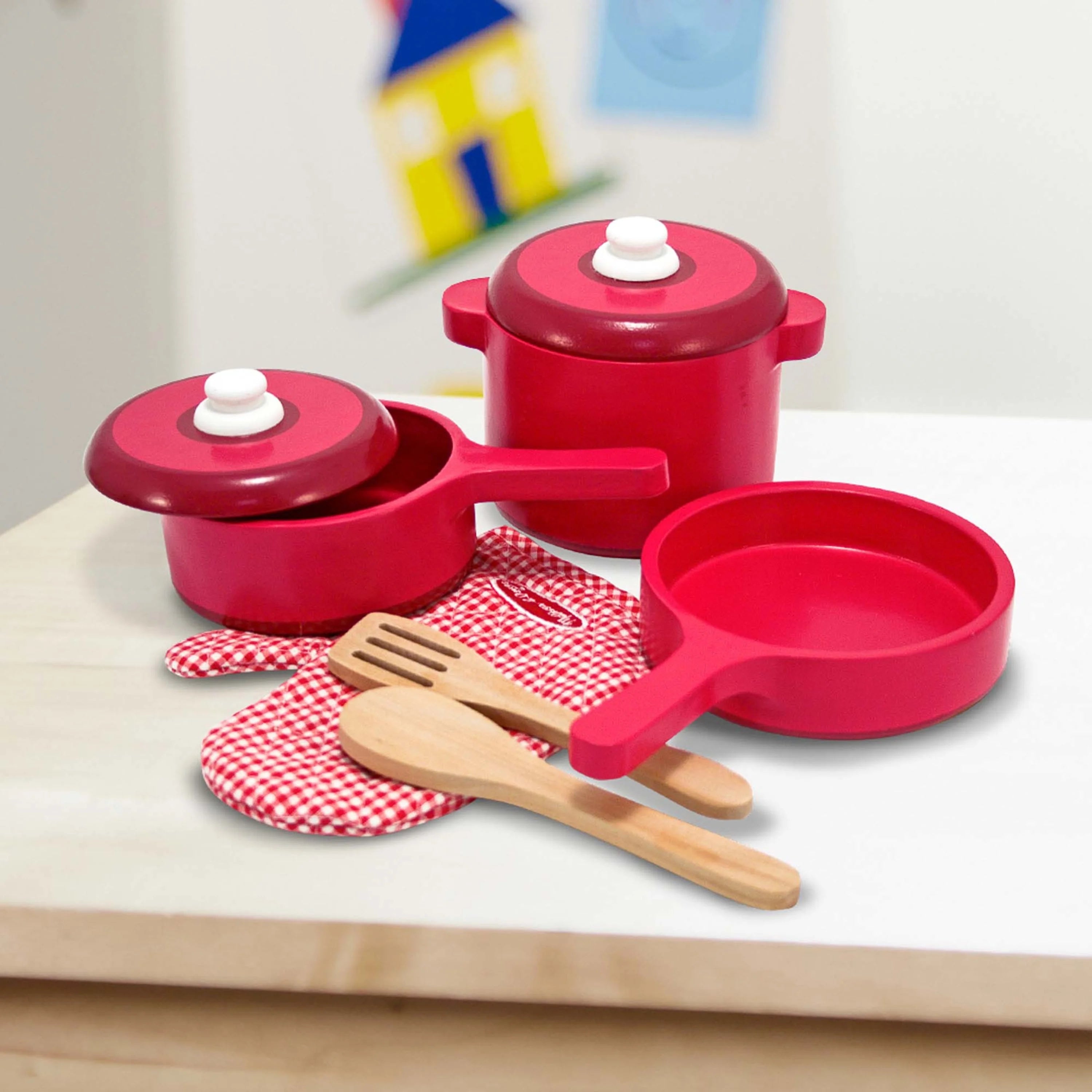 Melissa & Doug Ensemble d'accessoires de cuisine en bois de luxe – Casseroles et poêles (8 pièces)