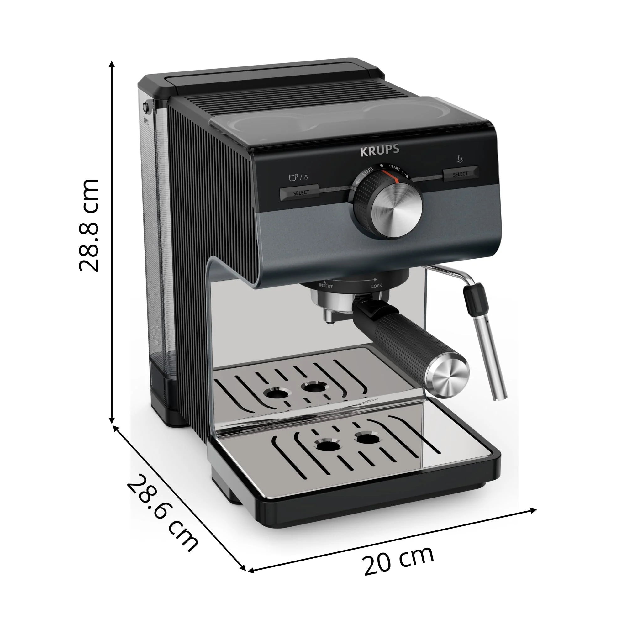 Machine à expresso Krups Virtuoso Essential - 15 bars. Acier inoxydable noir. Design compact et élégant. Arrêt automatique. Expresso et cappuccino. Thermobloc. Buse vapeur. Doseur inclus. XP4418