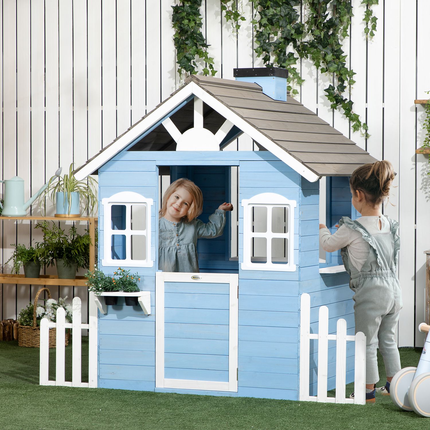 Spielhaus aus Holz für Kinder mit Tür, Fenstern und Blumentöpfen – Blau – Outsunny
