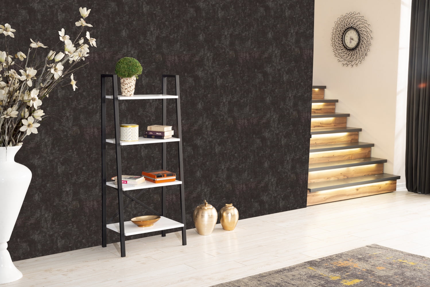 2025 GeeHome Leon 5-etagers moderne stige-bogreol med opbevaringsrum. Metalramme. Bogreol til små rum. Stue, kontor eller bibliotek. Hvid