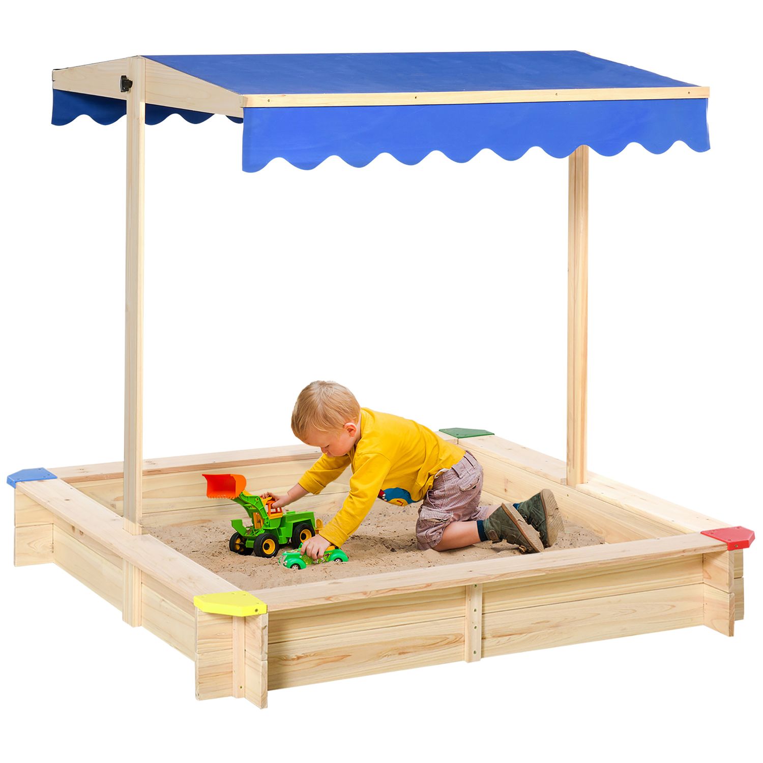Outsunny Kindersandkasten mit verstellbarem Dach und Naturholzbank