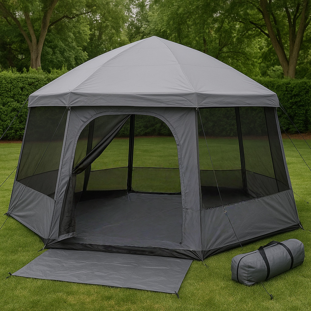 Tente-gazebo heptagonale en polyester gris pour une utilisation en extérieur, jardin/camping, 350 x 350 x 260 cm