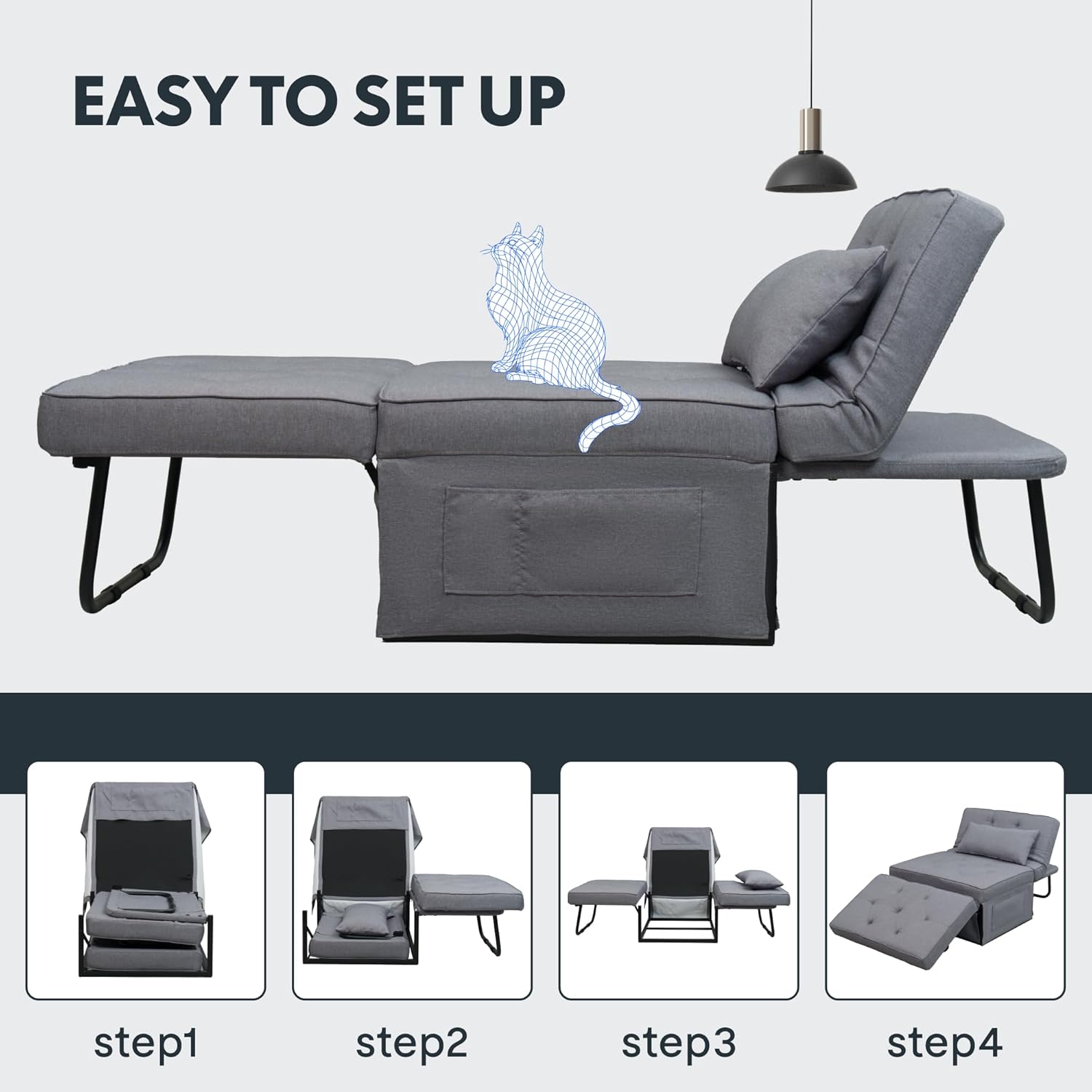 FLEXISPOT Schlafsofa, ausziehbarer Klappsessel mit Bettfunktion, Schlaffunktion, wandelbarer Schlafsessel, Belastbarkeit 300 kg, Grau