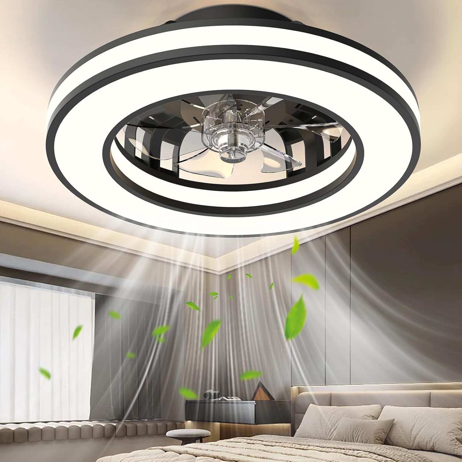 Ventilateur de plafond avec lumière 40,5 cm, silencieux 20 W, intensité variable 3000 K-4000 K-6500 K, 6 vitesses, télécommande, minuterie, mémoire de lumière, réversible