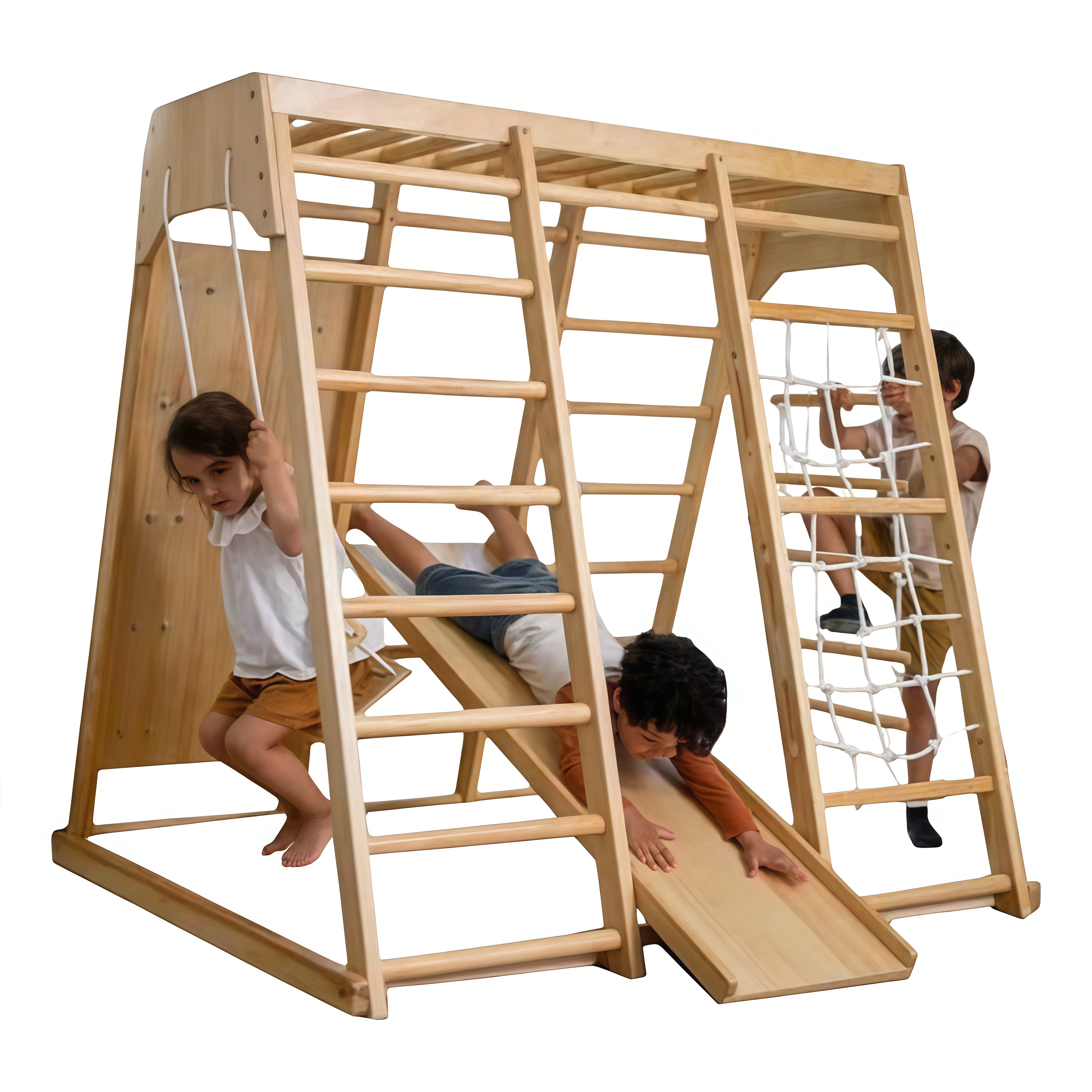 Avenlur Magnolia Jungle 6-in-1 Indoor-Spielplatz, Montessori-Waldorf-Stil Kletterspiel aus Holz mit Rutsche, Kletterwand, Strickleiter, Affenschaukel und Schaukel für Kinder von 2-6 Jahren