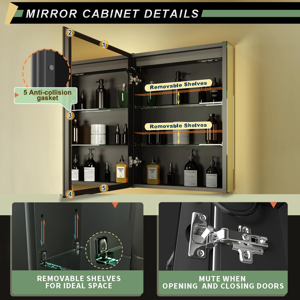 GANPE LED-belysning badeværelsesspejlskab med stik og USB, dugfrit aluminiumsskab og farvejustering, rustfri og nem at installere (50 x 70 cm)