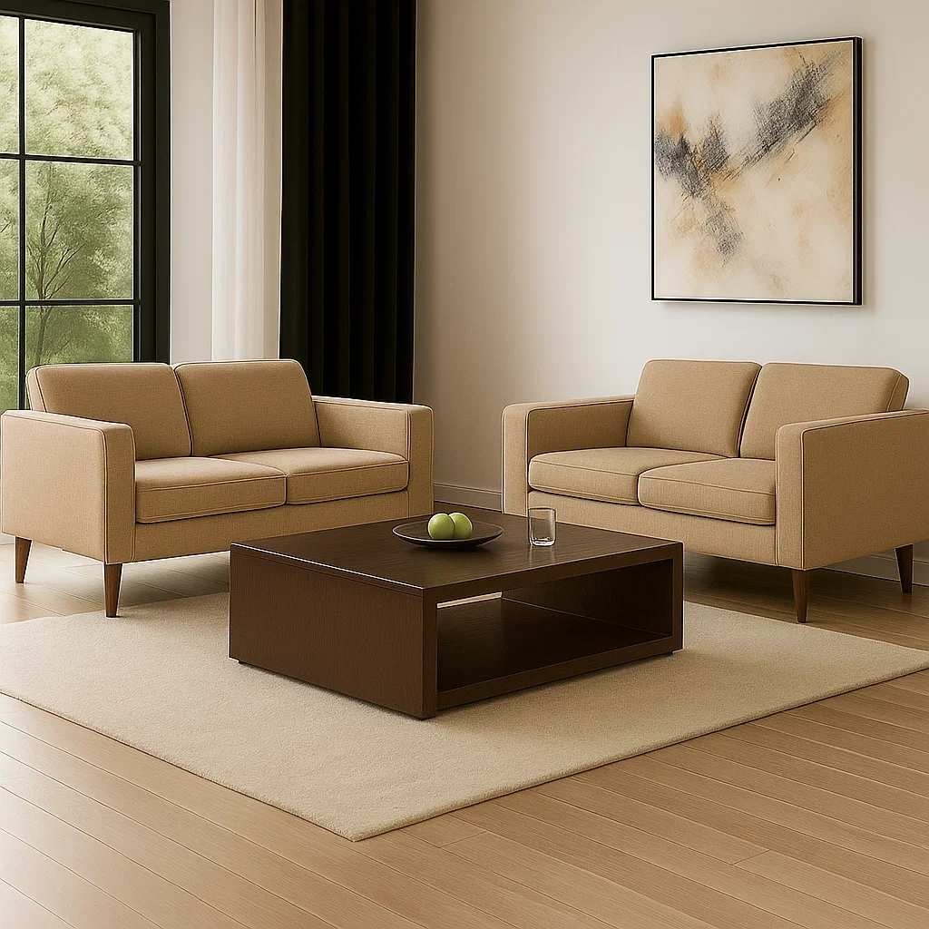 Ensemble canapé 4 places, similicuir marron clair, design modulable, structure fixe avec table d'appoint, dimensions canapé 160 x 80 x 80 cm, dimensions table basse 120 x 40 x 20 cm, pour salon - 9tb3RbL230DV