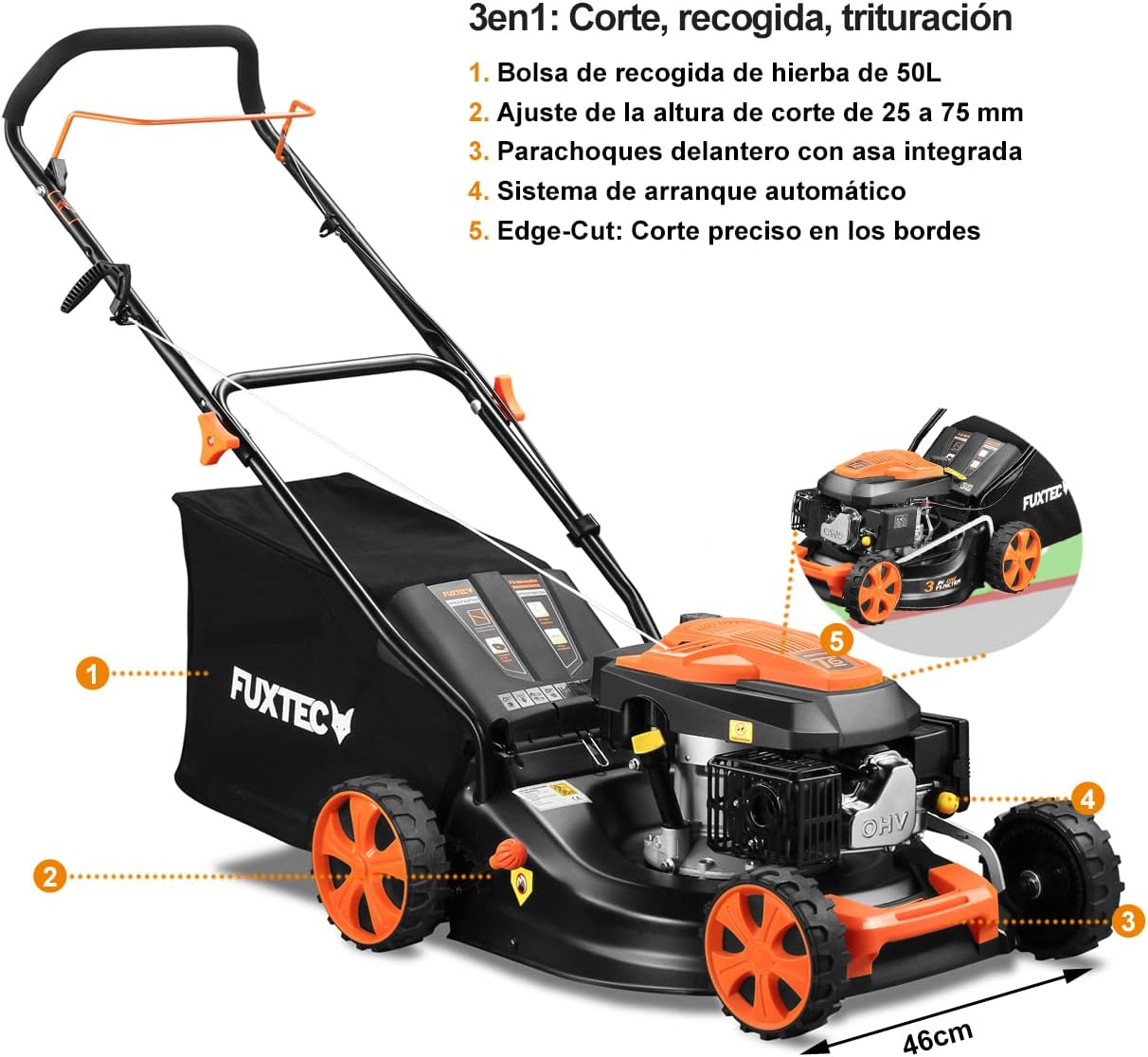 Tondeuse à gazon à essence FUXTEC FX-RM4646ECO, largeur de coupe de 46 cm, puissant moteur à essence de 146 cm³, nettoyage facile, 3 en 1, 2,6 kW, bac de ramassage mulching de 50 l.