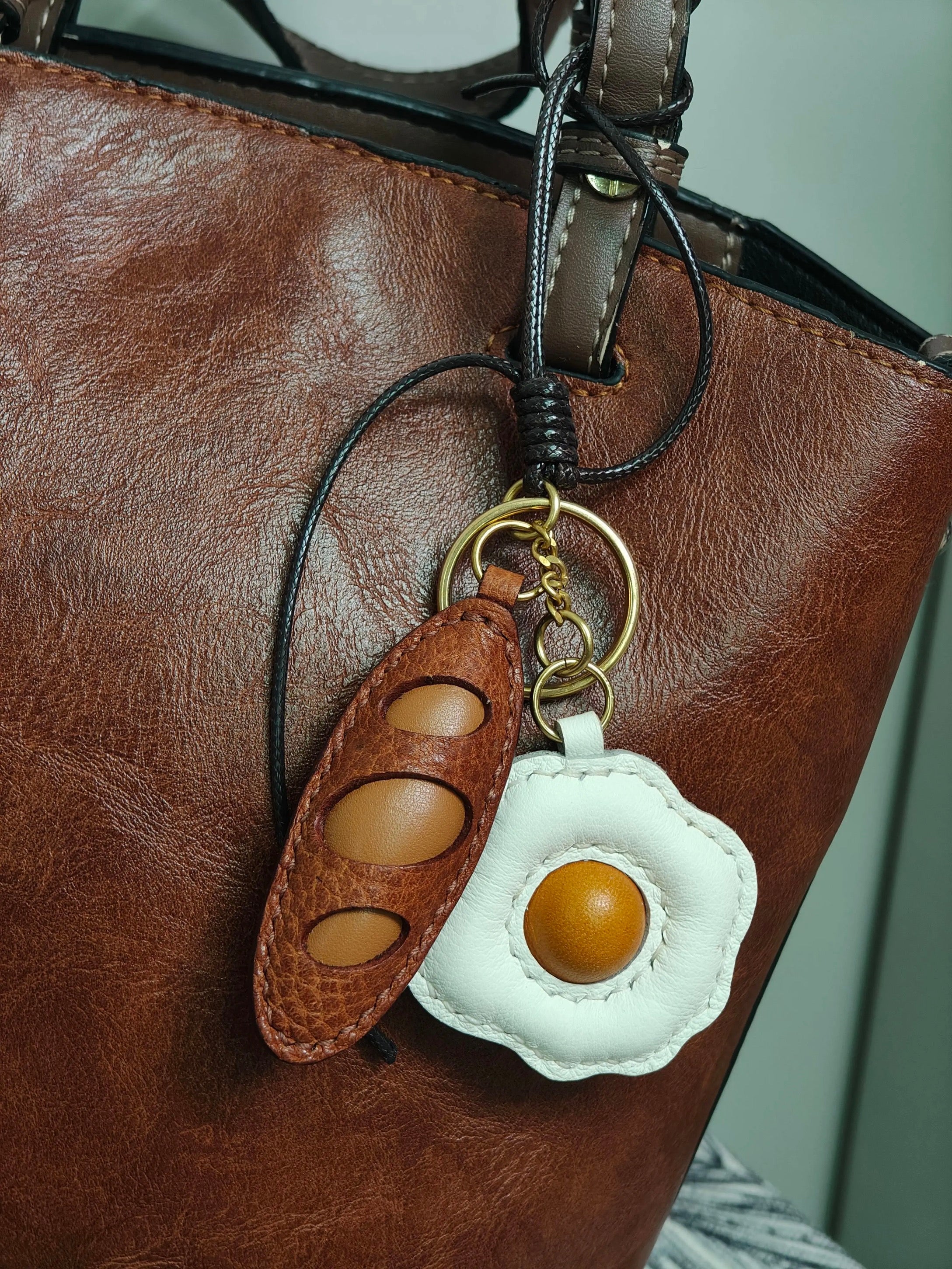 Egg and Bread Bag Charm - Handmade Full-Grain Leather