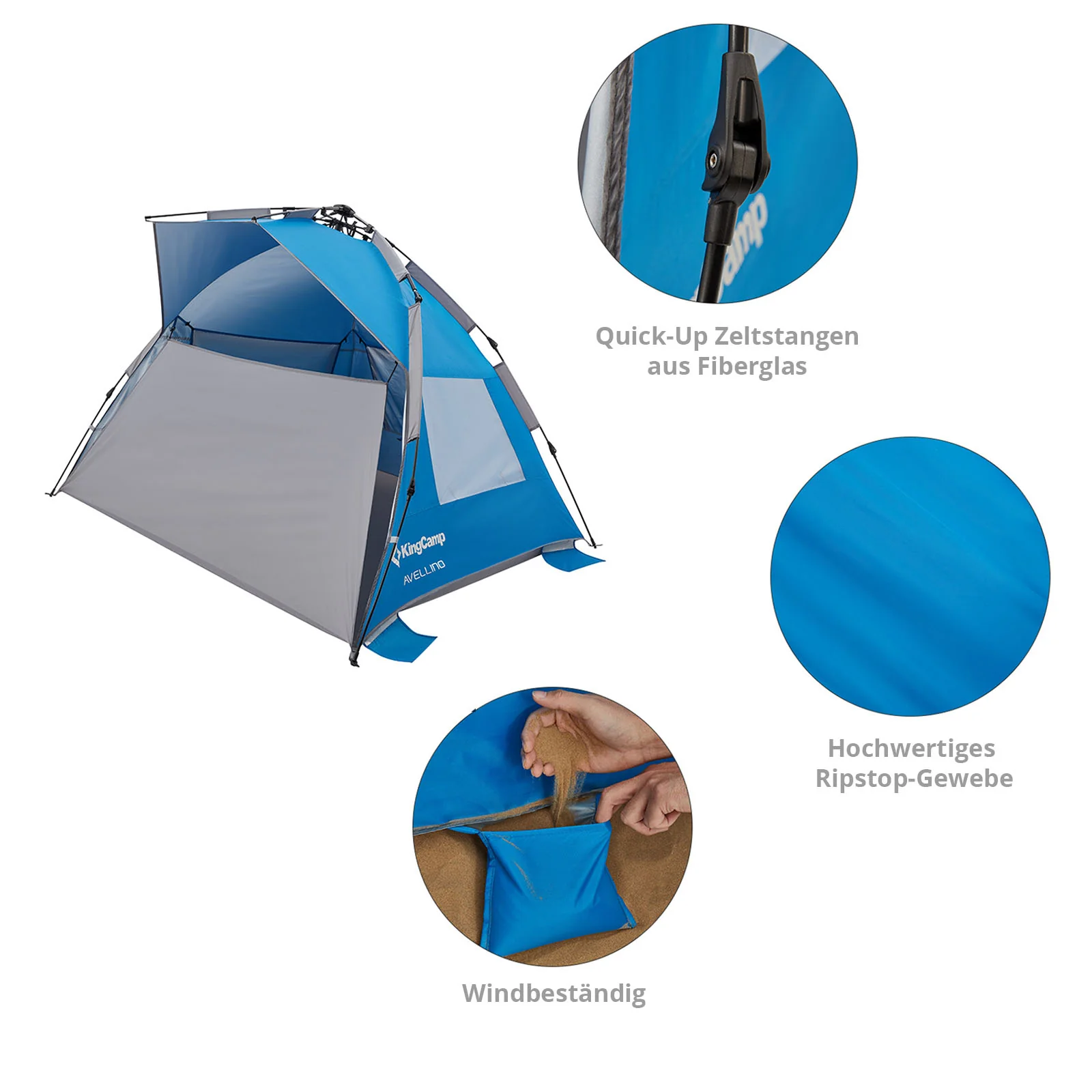 2025 KingCamp Avellino – Automatisches Strandzelt mit UPF50+ Sonnenschutz, Wind- und Sichtschutz, hydraulischer Konstruktion, Sandsäcken und Moskitonetzen an den Fenstern