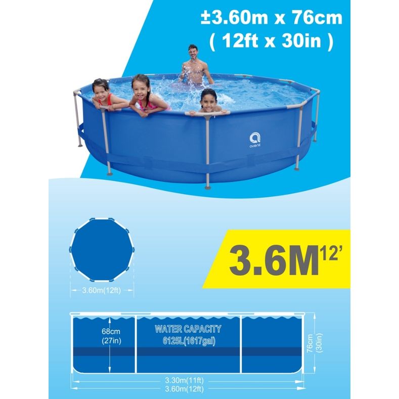 Piscine tubulaire Avenli, capacité 6125L, dimensions 360cm et 76cm, avec système de filtration.