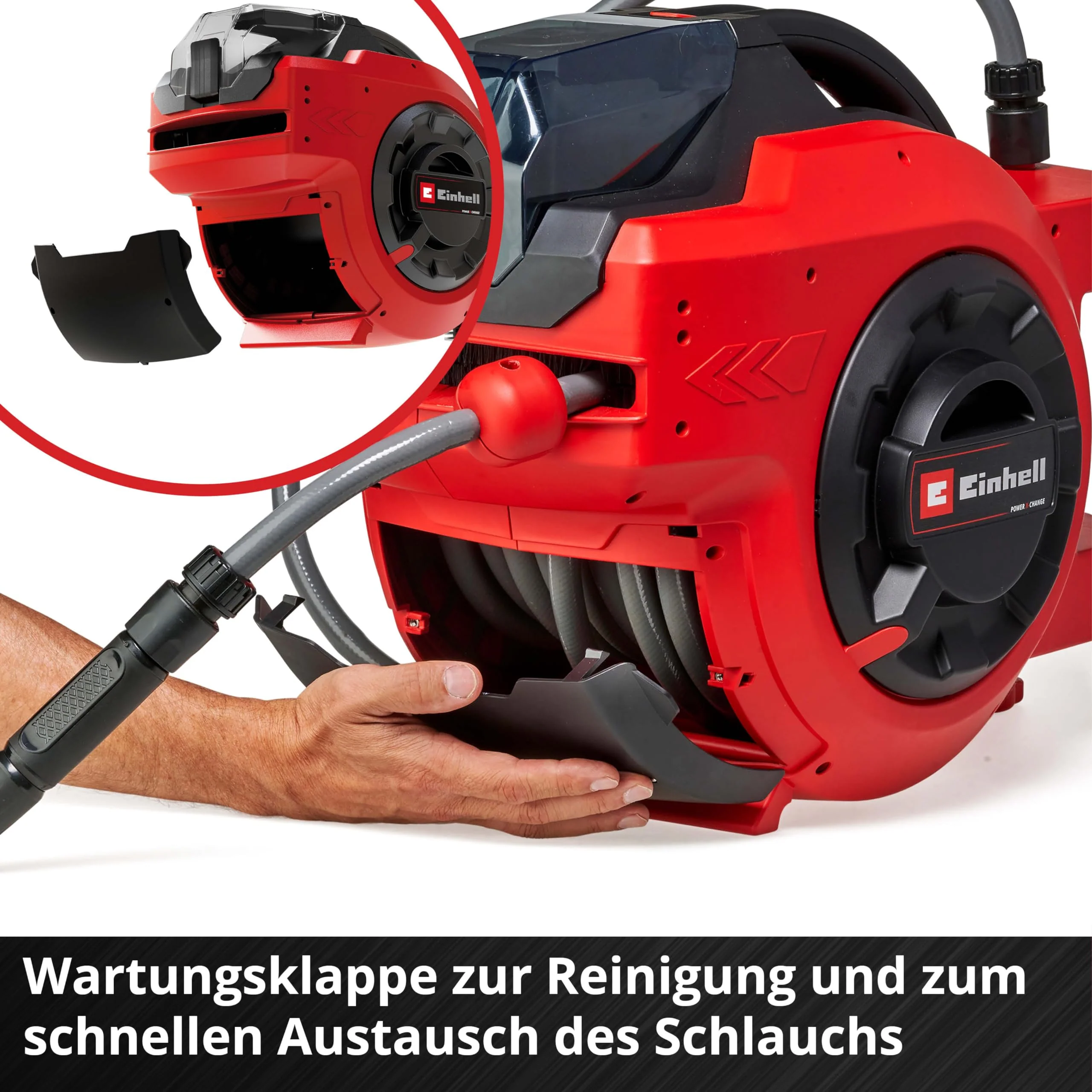 2025 Einhell GE-HR 18/30 Li-Solo Power X-Change batterislangeopruller (18V, automatisk oprulning, 180° rotation, vægmontering, 30m haveslange med sprøjte, batteri medfølger ikke)