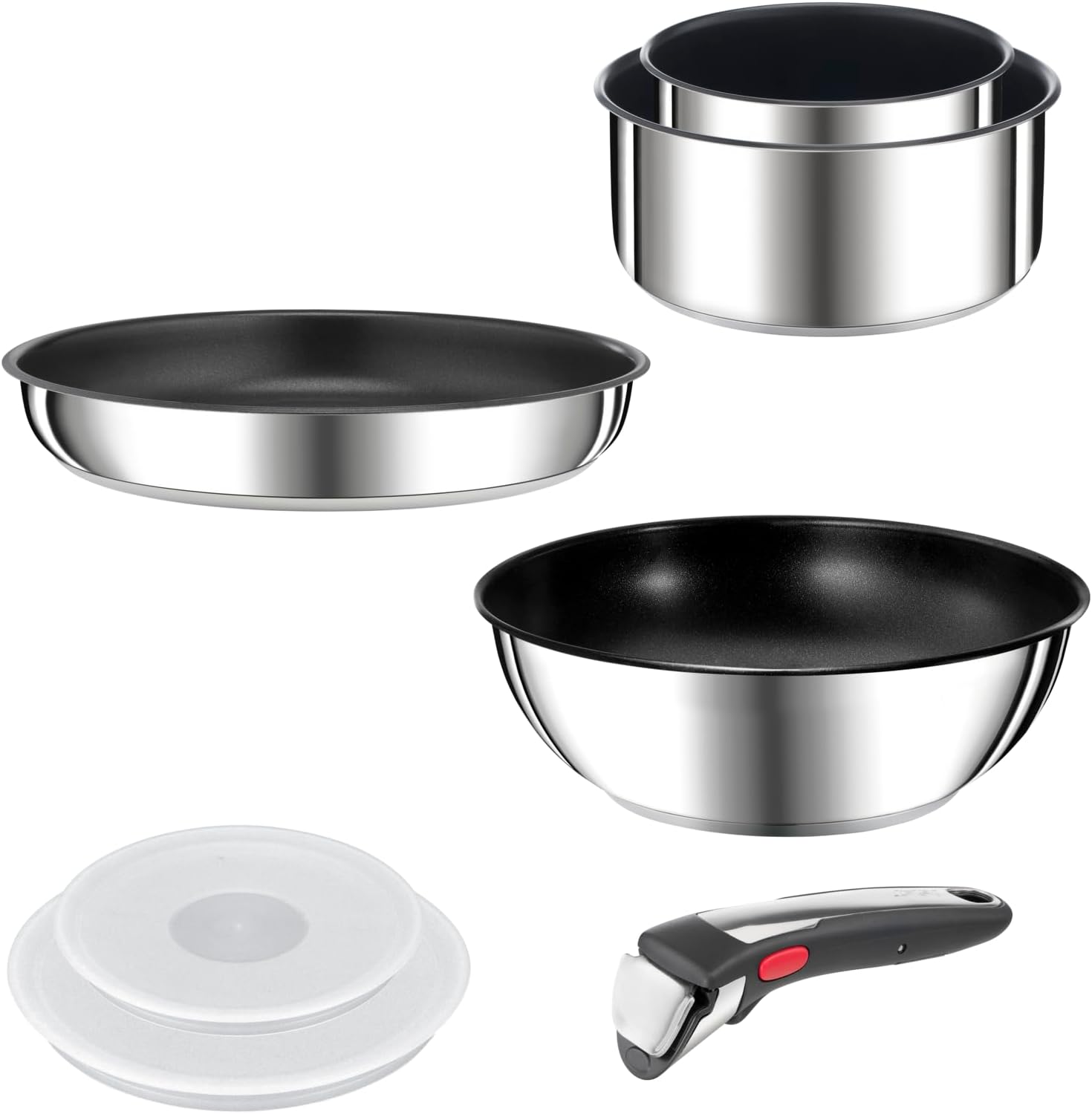 Tefal Ingenio Preference On Set: 2 Bratpfannen (24/28 cm) + 2 Stielkasserollen (16/20 cm) + 24 cm Topf + 26 cm Wok + 2 abnehmbare Griffe + 5 Zubehörteile | Induktionsgeeignet, antihaftbeschichtet, PFOA-frei