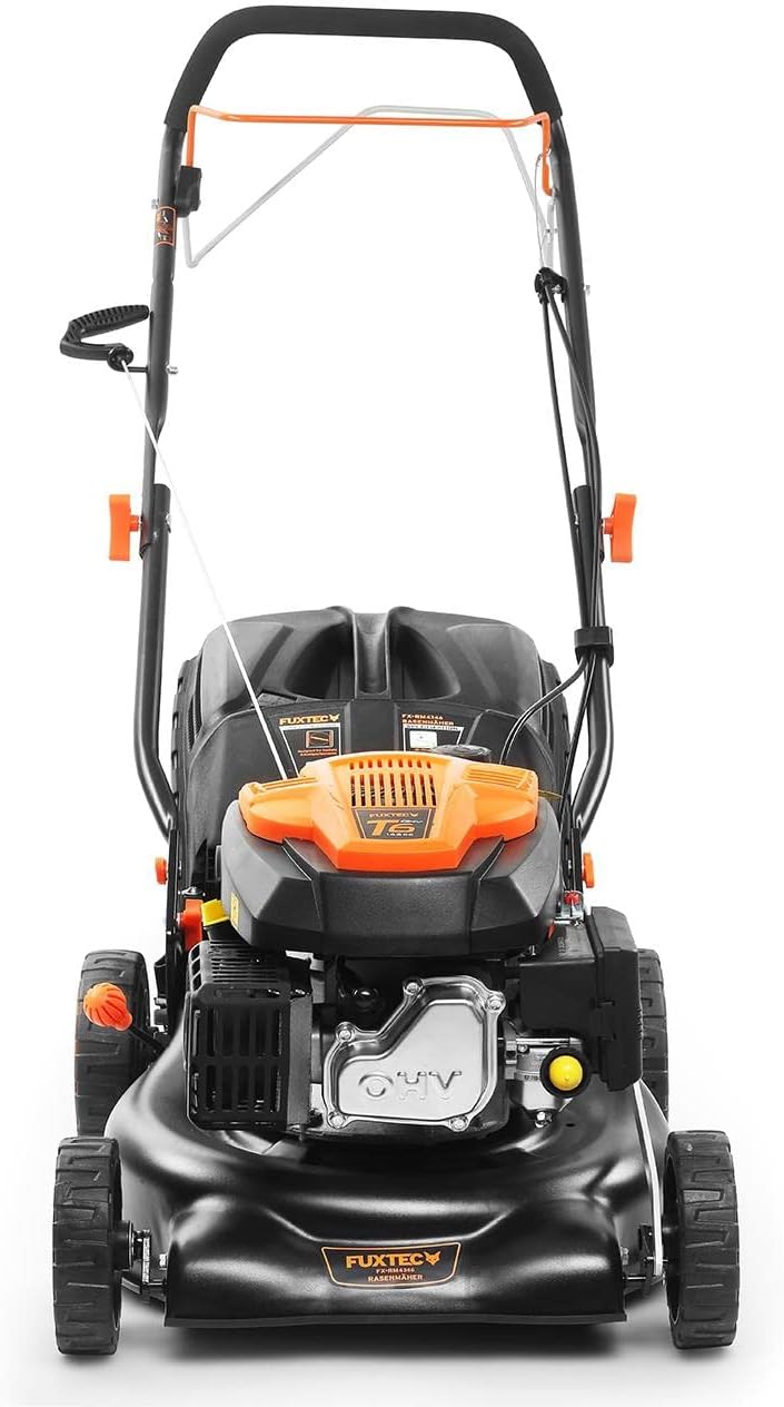 Tondeuse à gazon à essence FUXTEC FX-RM4646ECO, largeur de coupe de 46 cm, puissant moteur à essence de 146 cm³, nettoyage facile, 3 en 1, 2,6 kW, bac de ramassage mulching de 50 l.