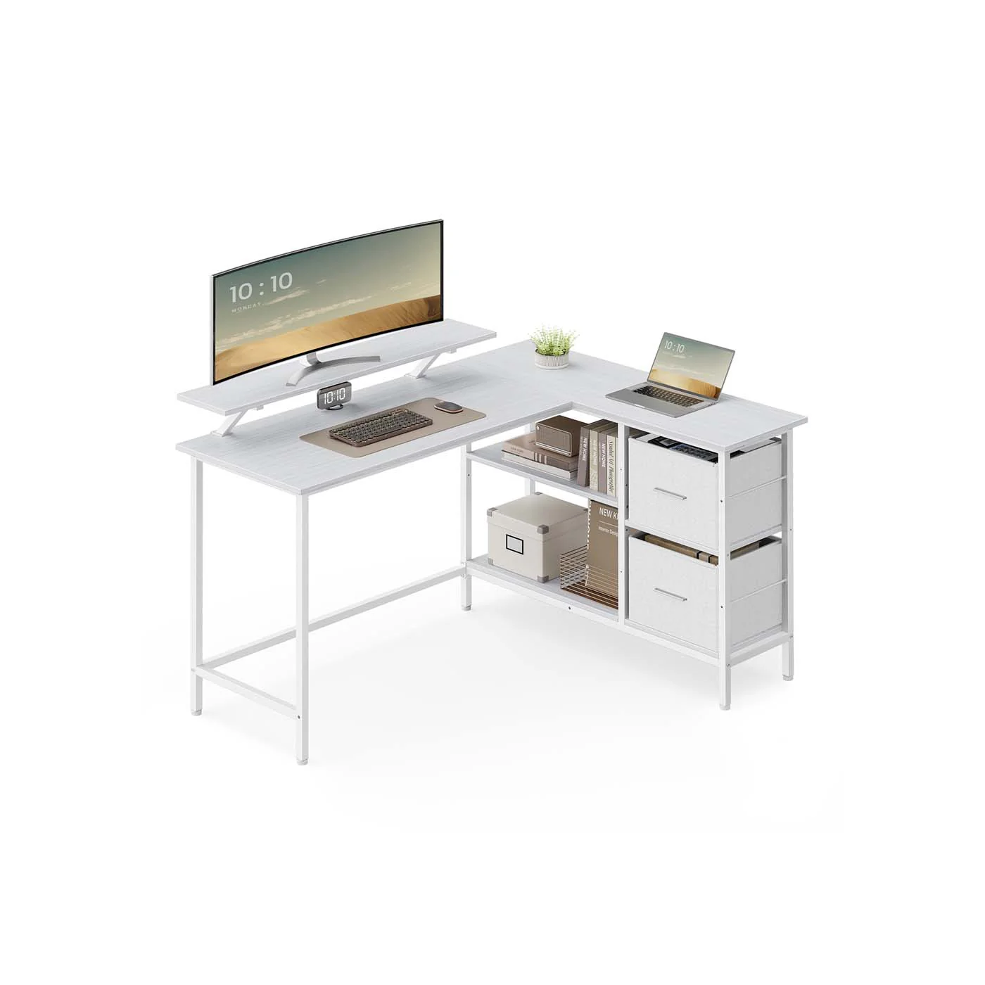 L-förmiger Schreibtisch mit geräumigen Schubladen, Monitorständer und Ablage.