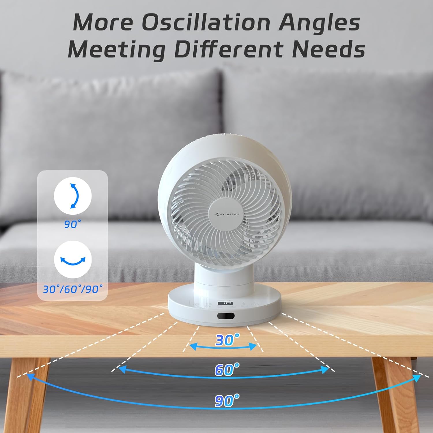 Ventilateur de table silencieux MYCARBON Turbo 20 dB, moteur CC puissant, oscillation 30°-60°-90°, 11 vitesses, minuterie 12 h et démarrage programmé, avec télécommande