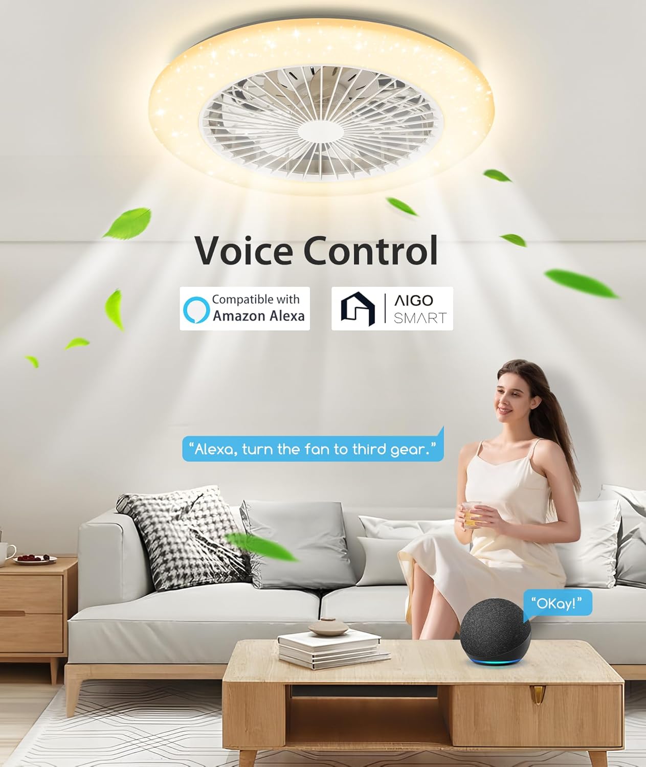Aigostar - Ventilateur de plafond Alexa, lumière LED 40 W, 4 400 lm, 2 700 K-6 500 K et RGB à intensité variable, lampe de ventilateur de plafond intelligente avec télécommande et passerelle, silencieux, 6 vitesses, diamètre 50 cm, 2 unités
