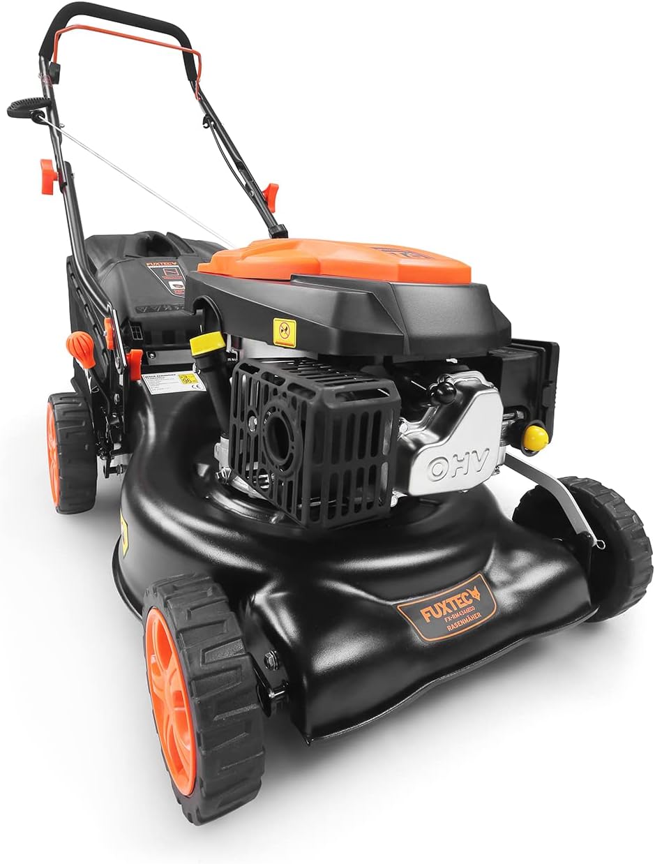 Tondeuse à gazon à essence FUXTEC FX-RM4646ECO, largeur de coupe de 46 cm, puissant moteur à essence de 146 cm³, nettoyage facile, 3 en 1, 2,6 kW, bac de ramassage mulching de 50 l.