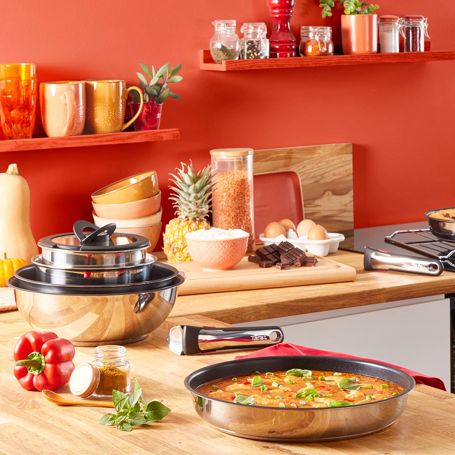 Tefal Ingenio Preference On Set: 2 Bratpfannen (24/28 cm) + 2 Stielkasserollen (16/20 cm) + 24 cm Topf + 26 cm Wok + 2 abnehmbare Griffe + 5 Zubehörteile | Induktionsgeeignet, antihaftbeschichtet, PFOA-frei