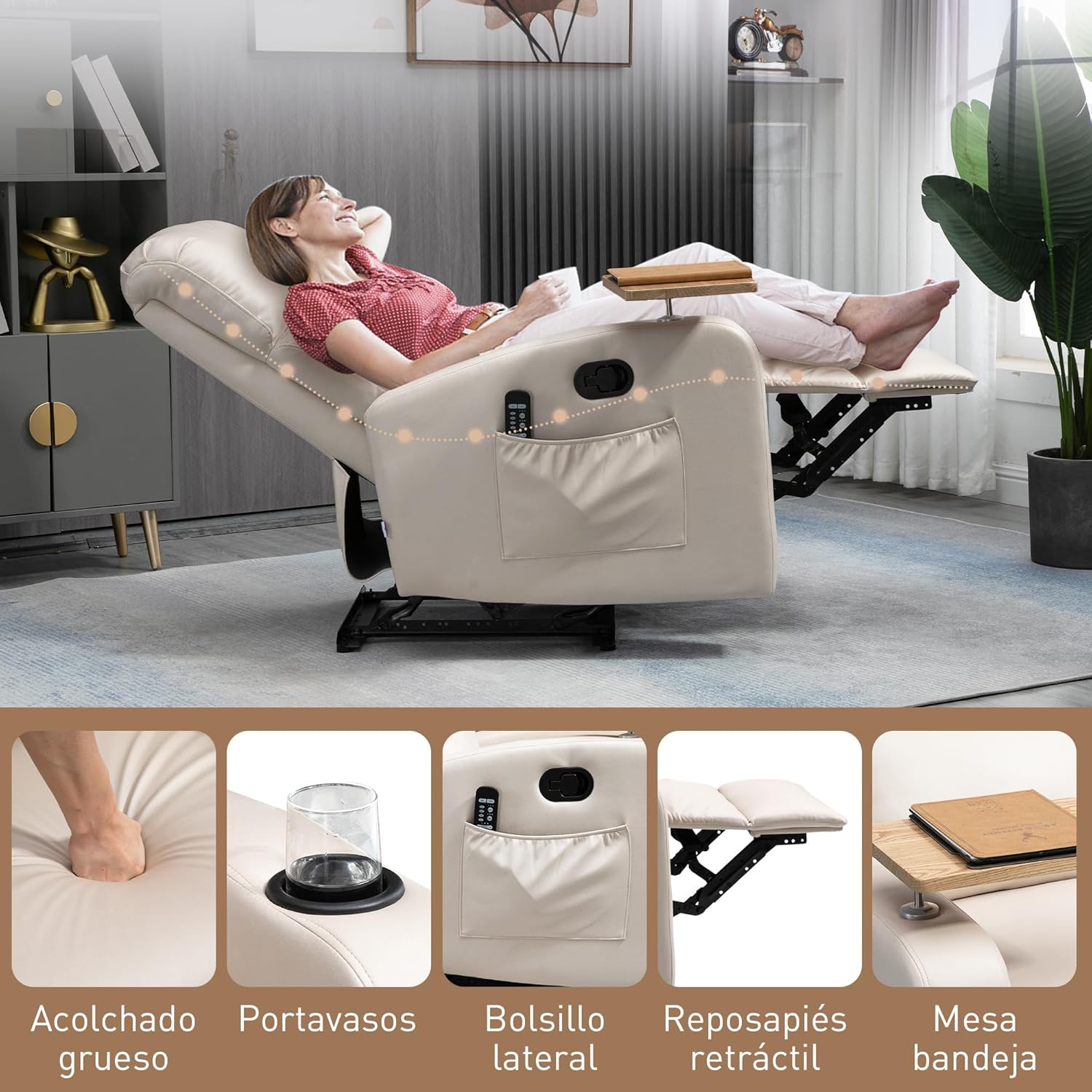 HOMCOM Massagesessel mit 8 Massagepunkten, elektrischer Verstellfunktion, Sofa mit 4 Liegepositionen (145°), Fernbedienung, Beistelltisch, 2 Seitentaschen und Getränkehalter, 77 x 93 x 105 cm, Beige